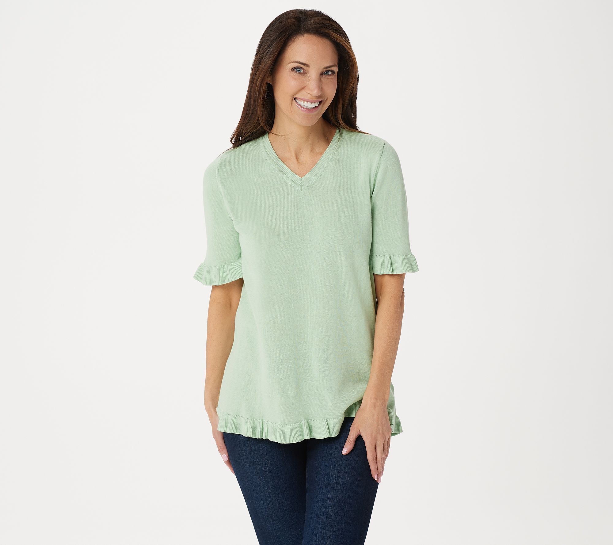 "As Is" Isaac Mizrahi Live! ElbowSleeve Ruffle Hem VNeck Sweater