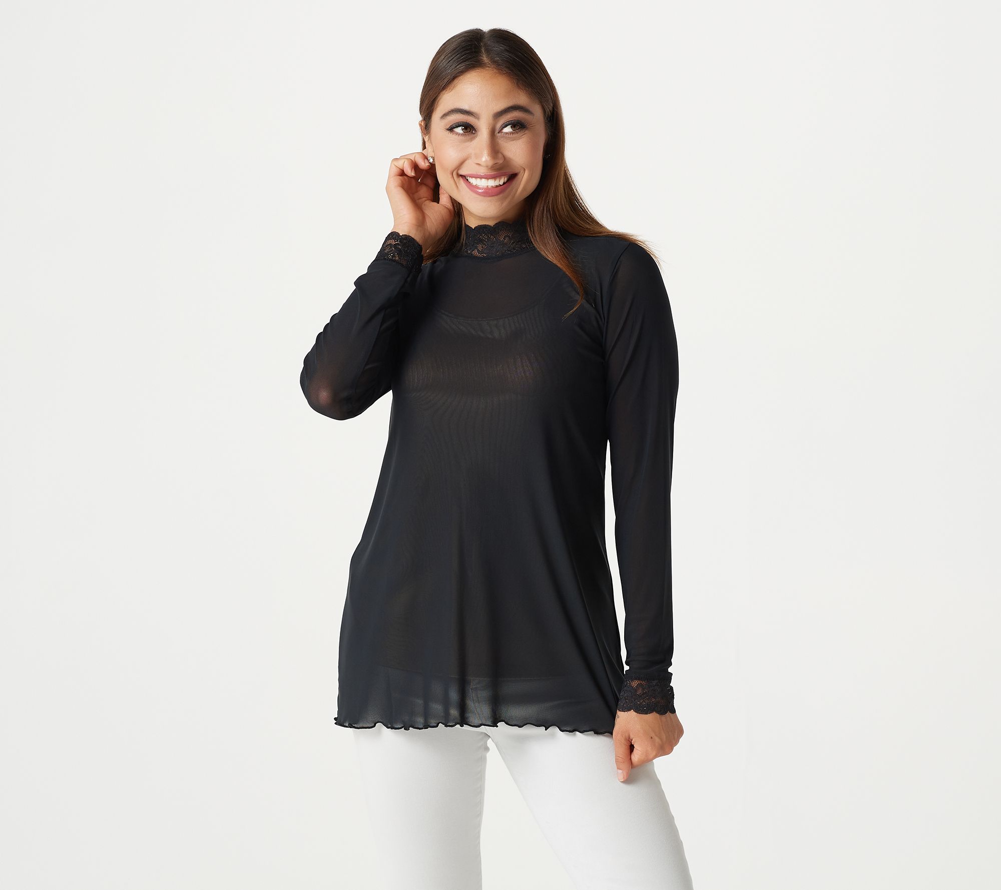 "As Is" LOGO by Lori Goldstein Sheer Mesh Mock Neck Top with Lace Trim
