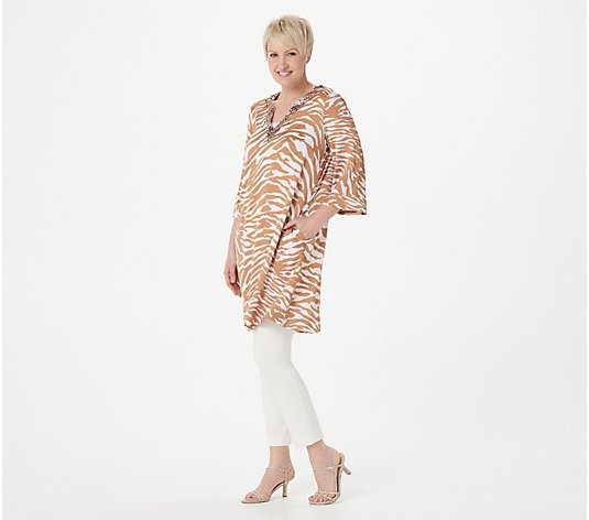 Dennis Basso Printed Woven Caftan Dress with Embellishment