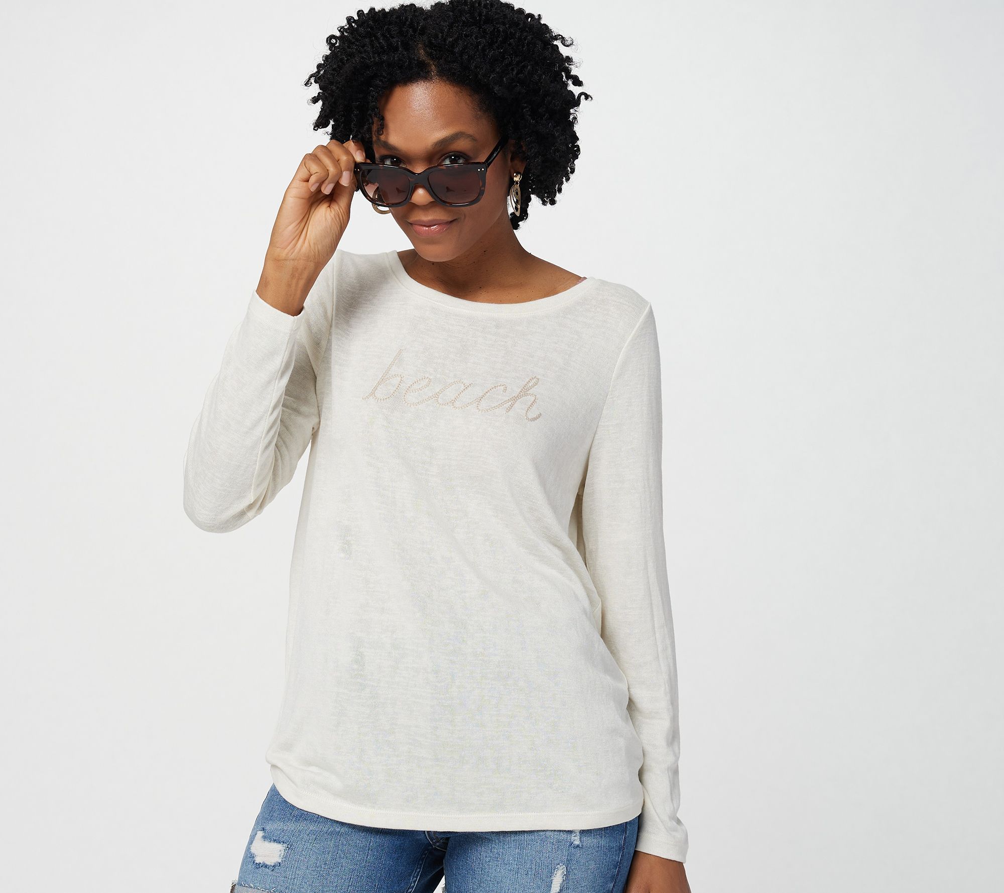 Belle Beach by Kim Gravel Breezy Knit Embroidered Long Sleeve Top