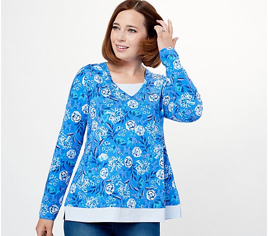 Isaac Mizrahi Live! Floral Printed Twofer with Long-Sleeves