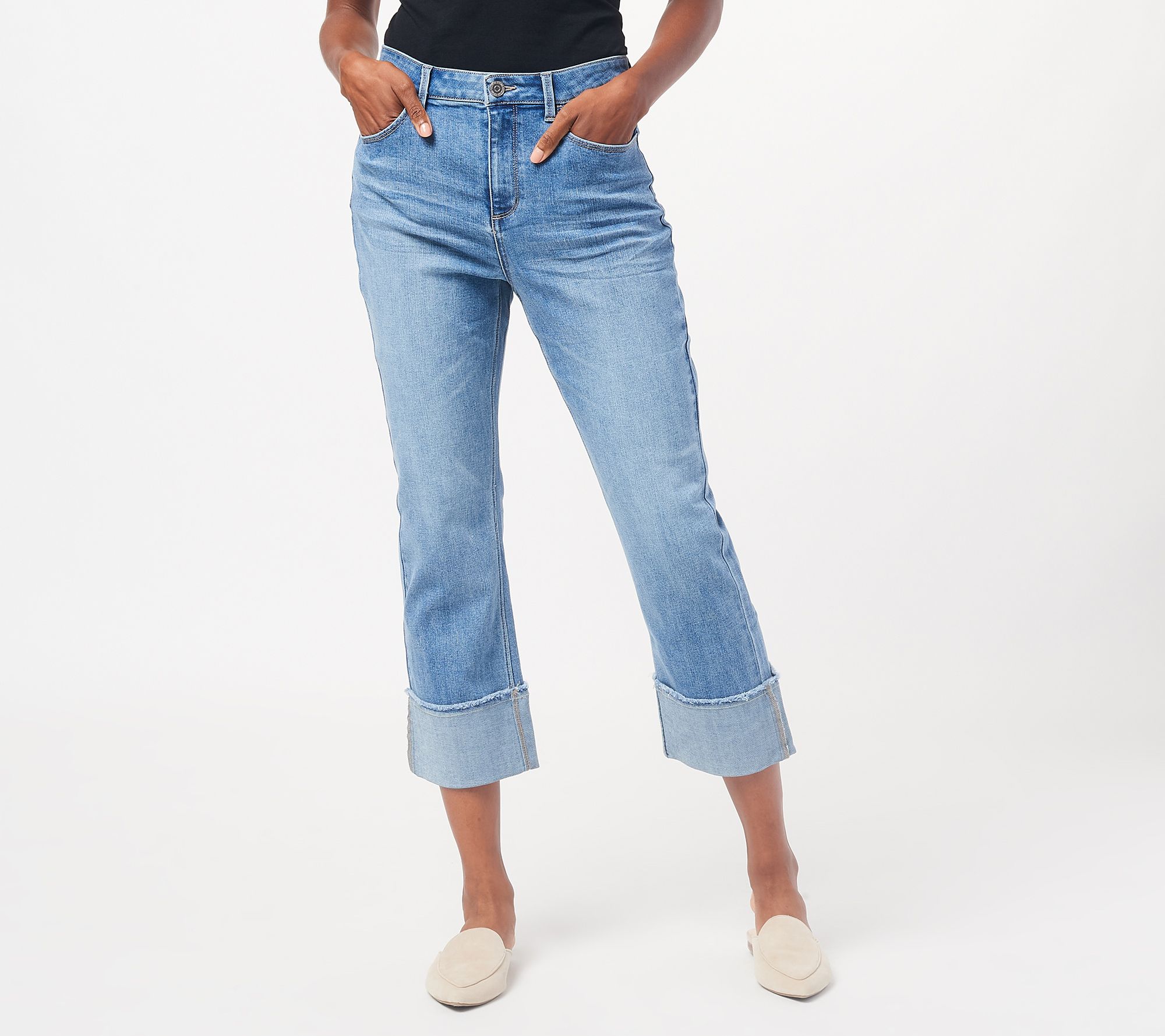 Susan Graver Stretch Denim Crop Girlfriend Jeans with Cuff - QVC.com