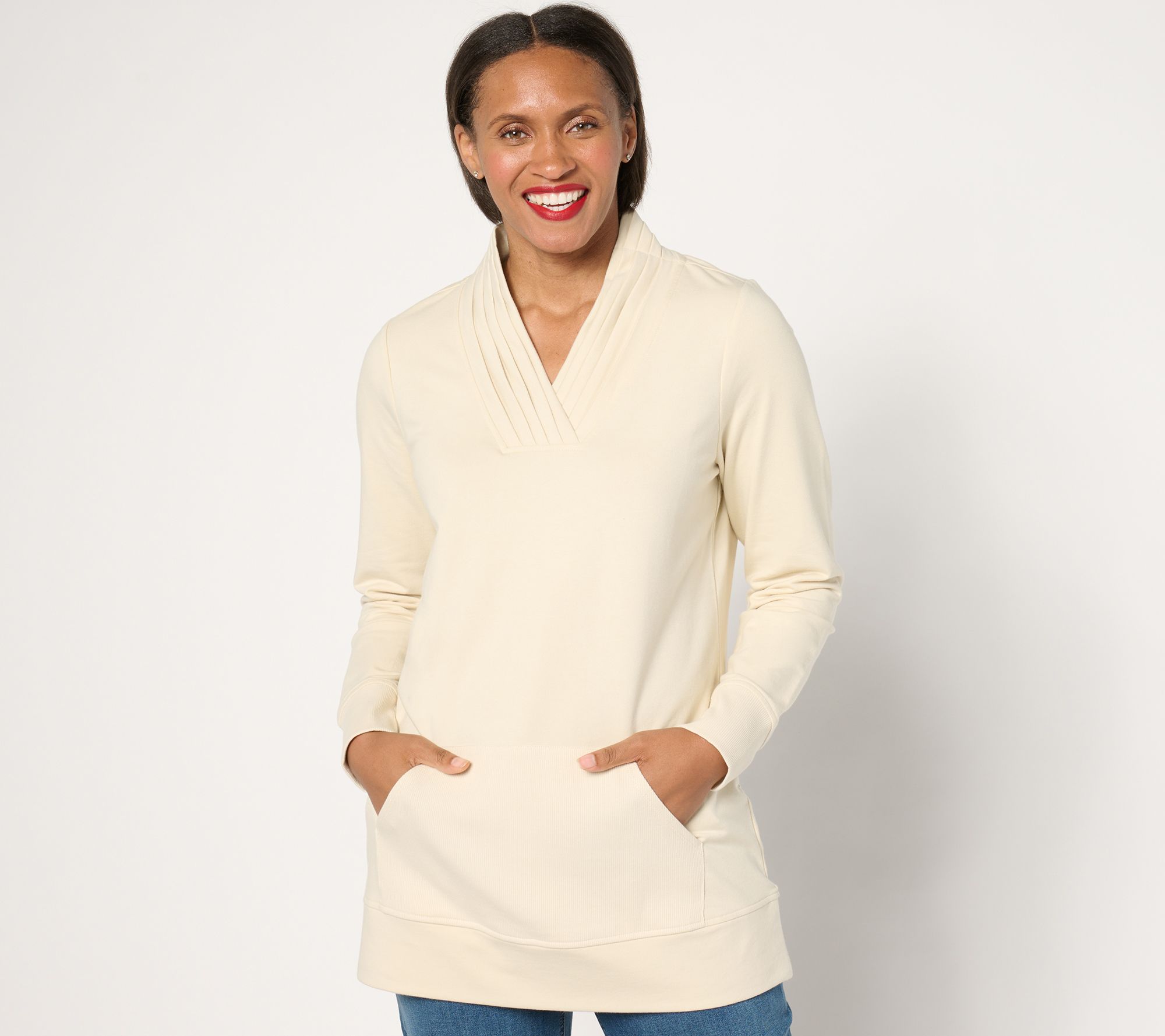 Denim & Co. Active Regular French Terry Pleated V-Neck Tunic