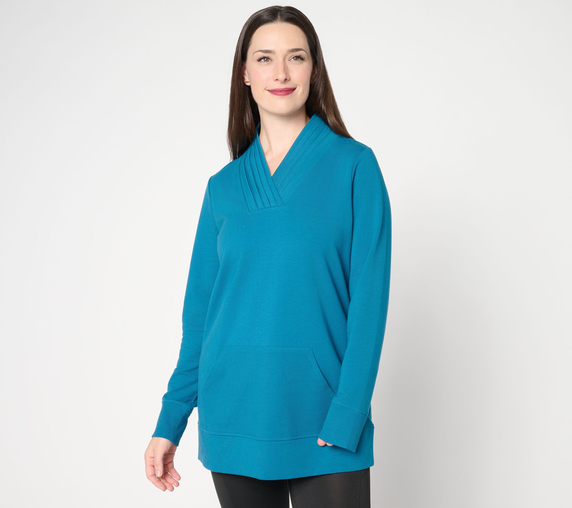 Denim & Co. Active Regular French Terry Pleated V-Neck Tunic