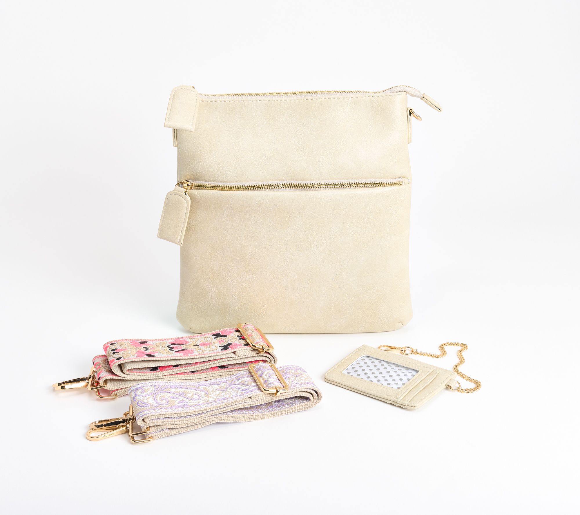 "As Is"Ahdorned Double Zip Faux Leather Crossbody w/ 2 Straps