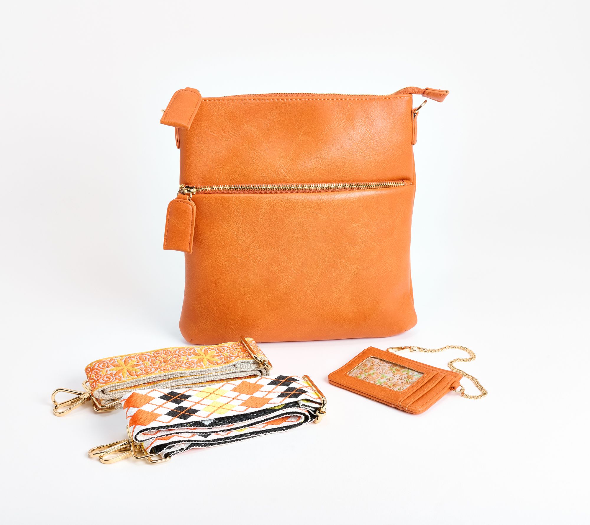 "As Is"Ahdorned Double Zip Faux Leather Crossbody w/ 2 Straps