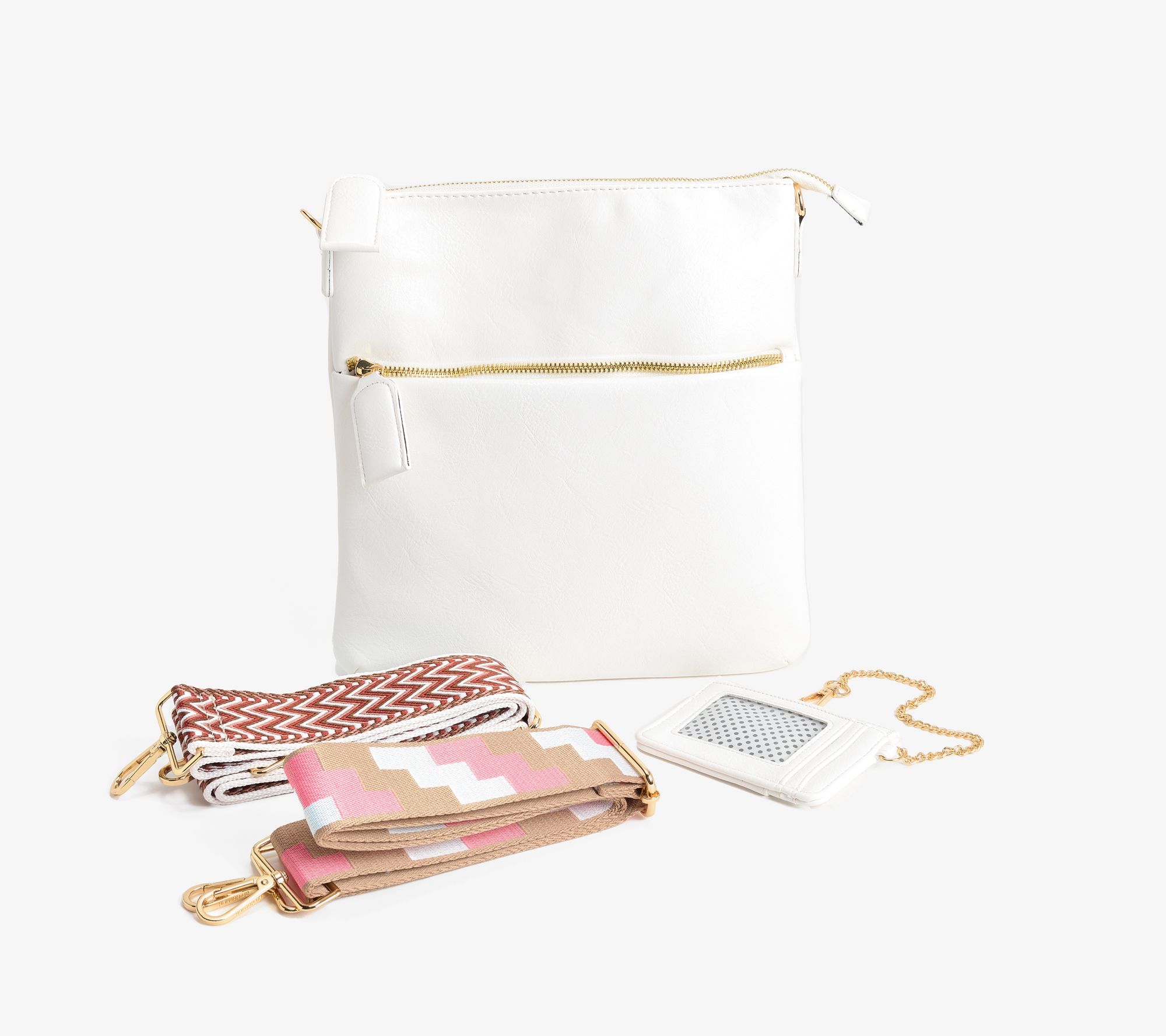 "As Is"Ahdorned Double Zip Faux Leather Crossbody w/ 2 Straps