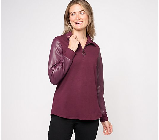 Belle by Kim Gravel Circle Zip Knit Top with Faux Leather Sleeves