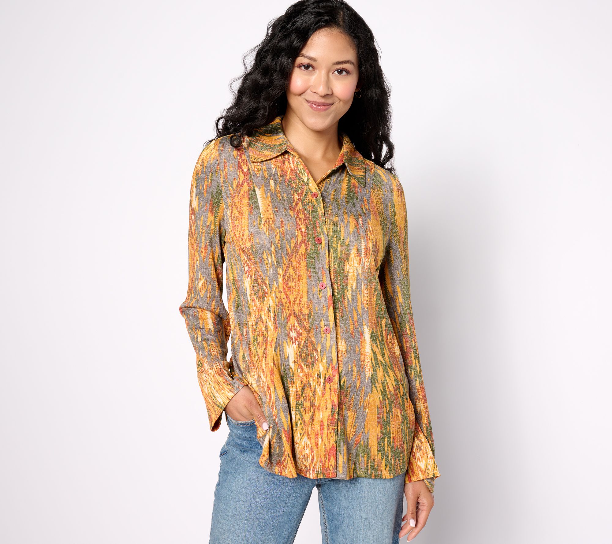 Attitudes by Renee Printed Button Front Godet Shirt