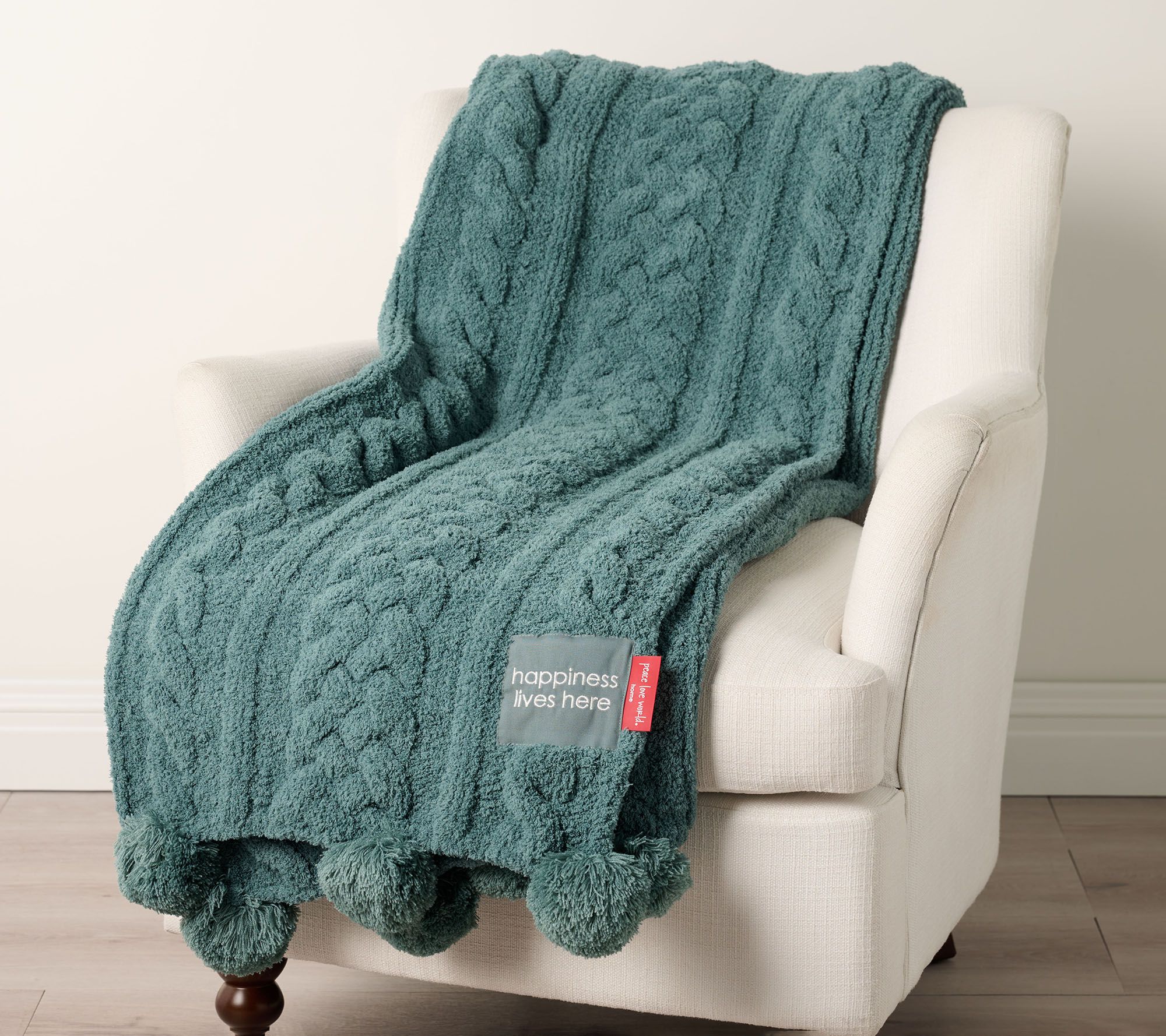 Peace Love World 70x60 Pom Pom Cable Knit Blanket