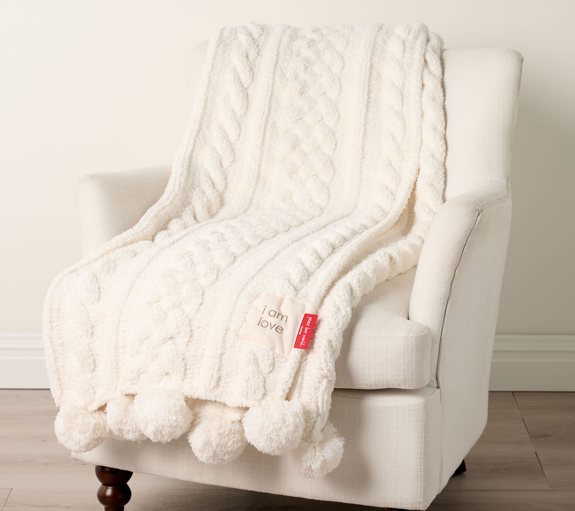 Peace Love World 70x60 Pom Pom Cable Knit Blanket