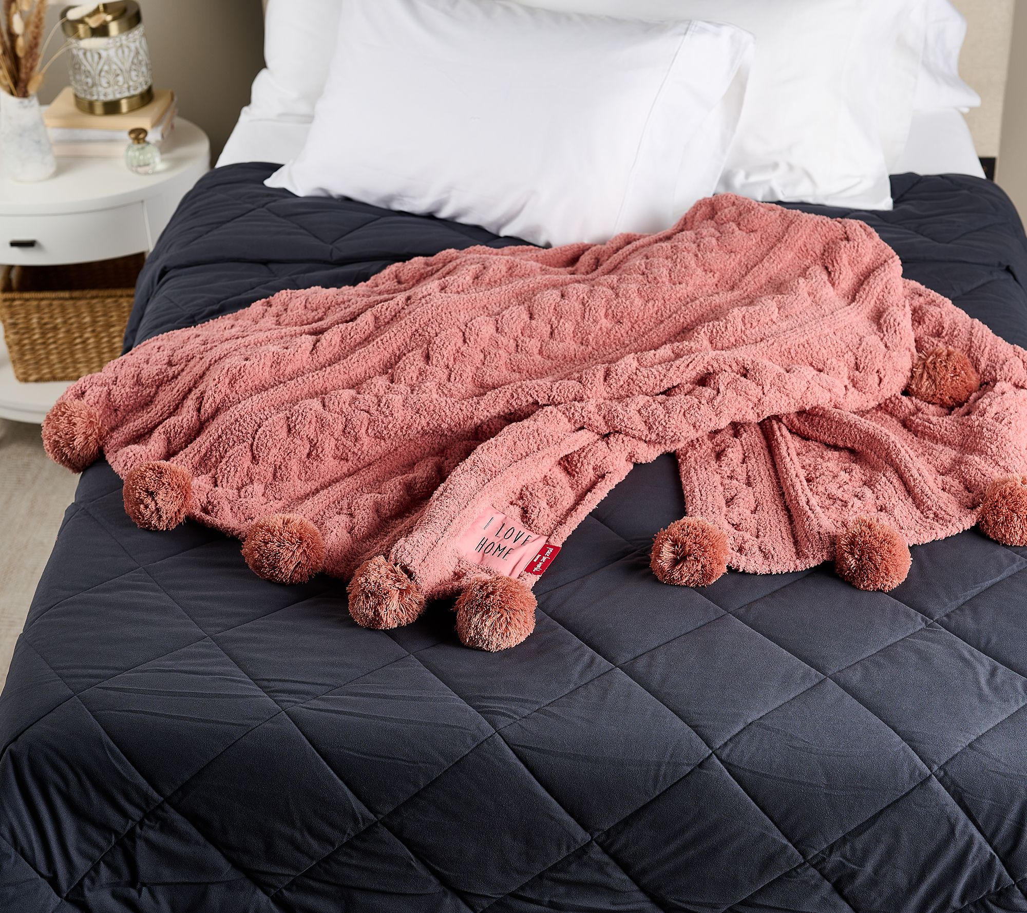 Peace Love World 70x60 Pom Pom Cable Knit Blanket QVC