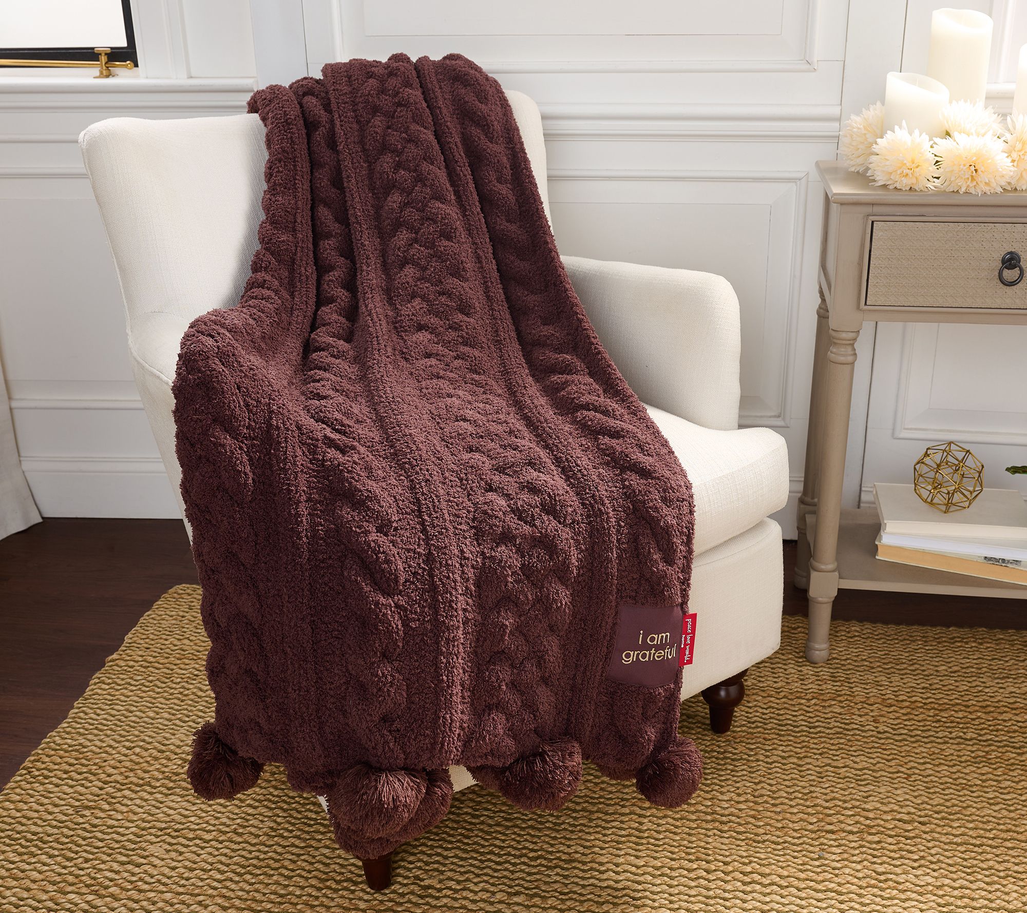 Peace Love World 70x60 Pom Pom Cable Knit Blanket