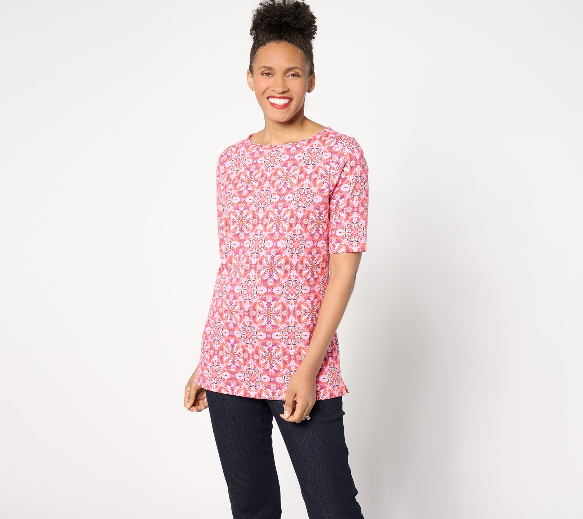 Denim & Co. Petite Perfect Jersey Boat Neck Elbow Sleeve Tunic