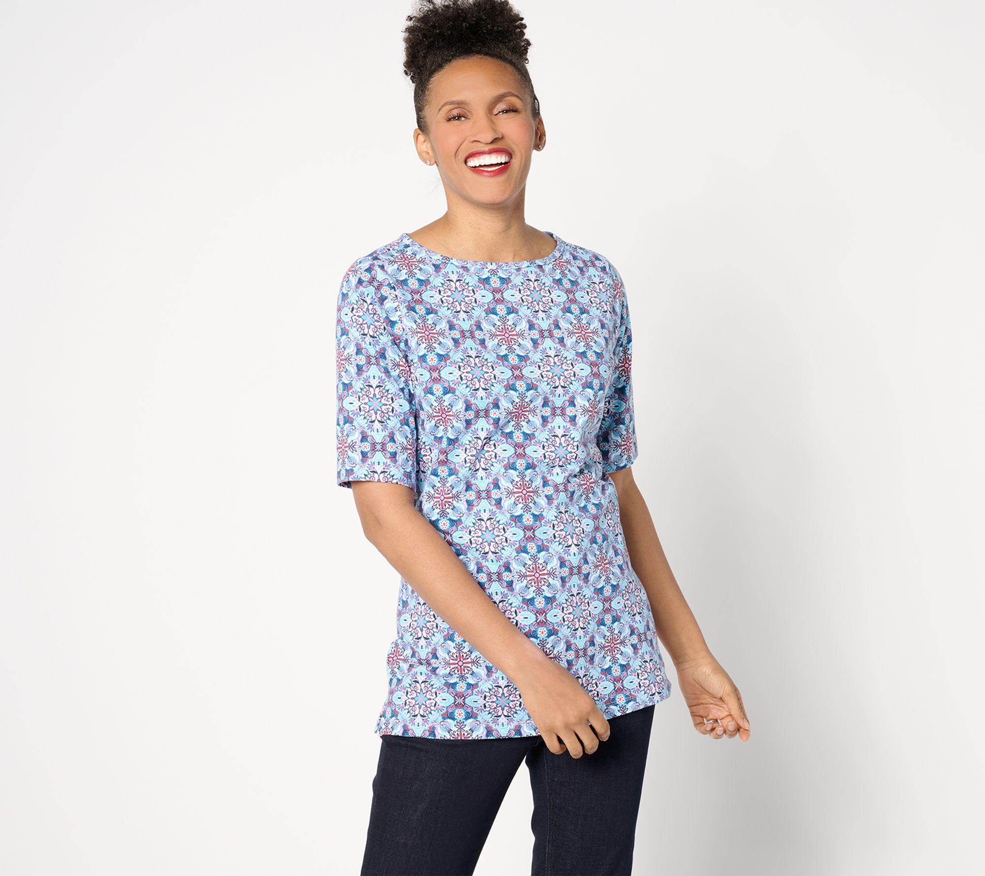 Denim & Co. Petite Perfect Jersey Boat Neck Elbow Sleeve Tunic