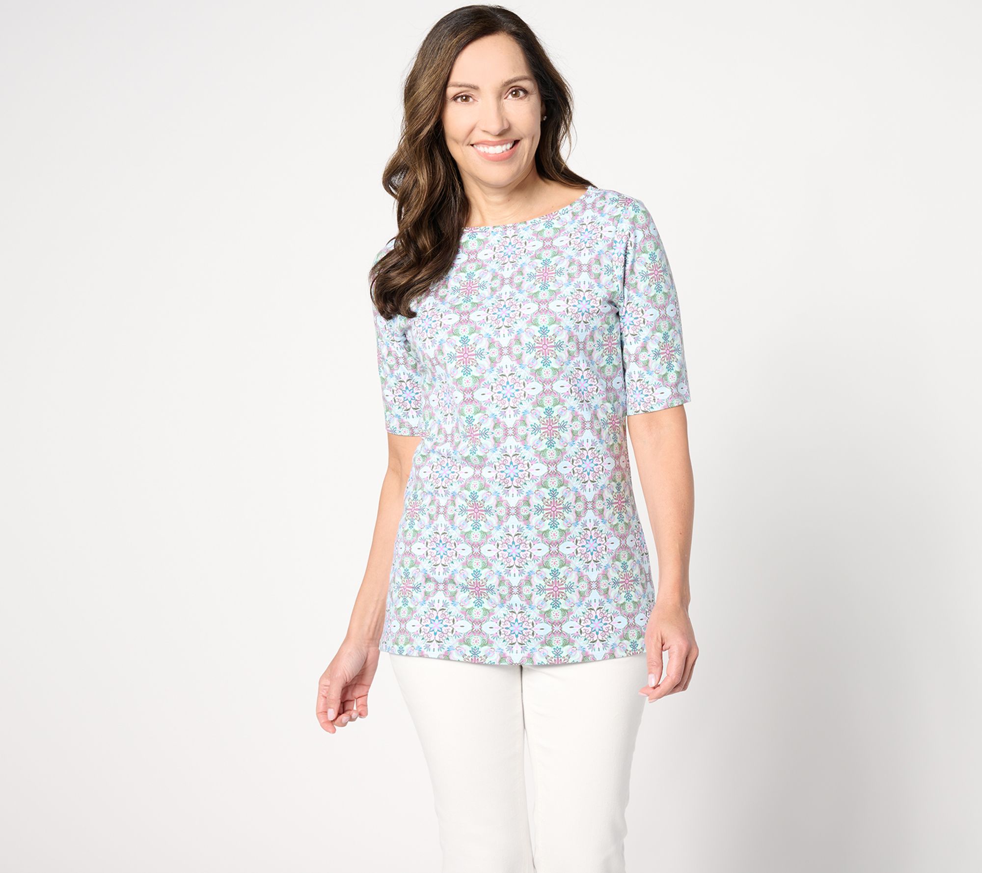 Denim & Co. Petite Perfect Jersey Boat Neck Elbow Sleeve Tunic