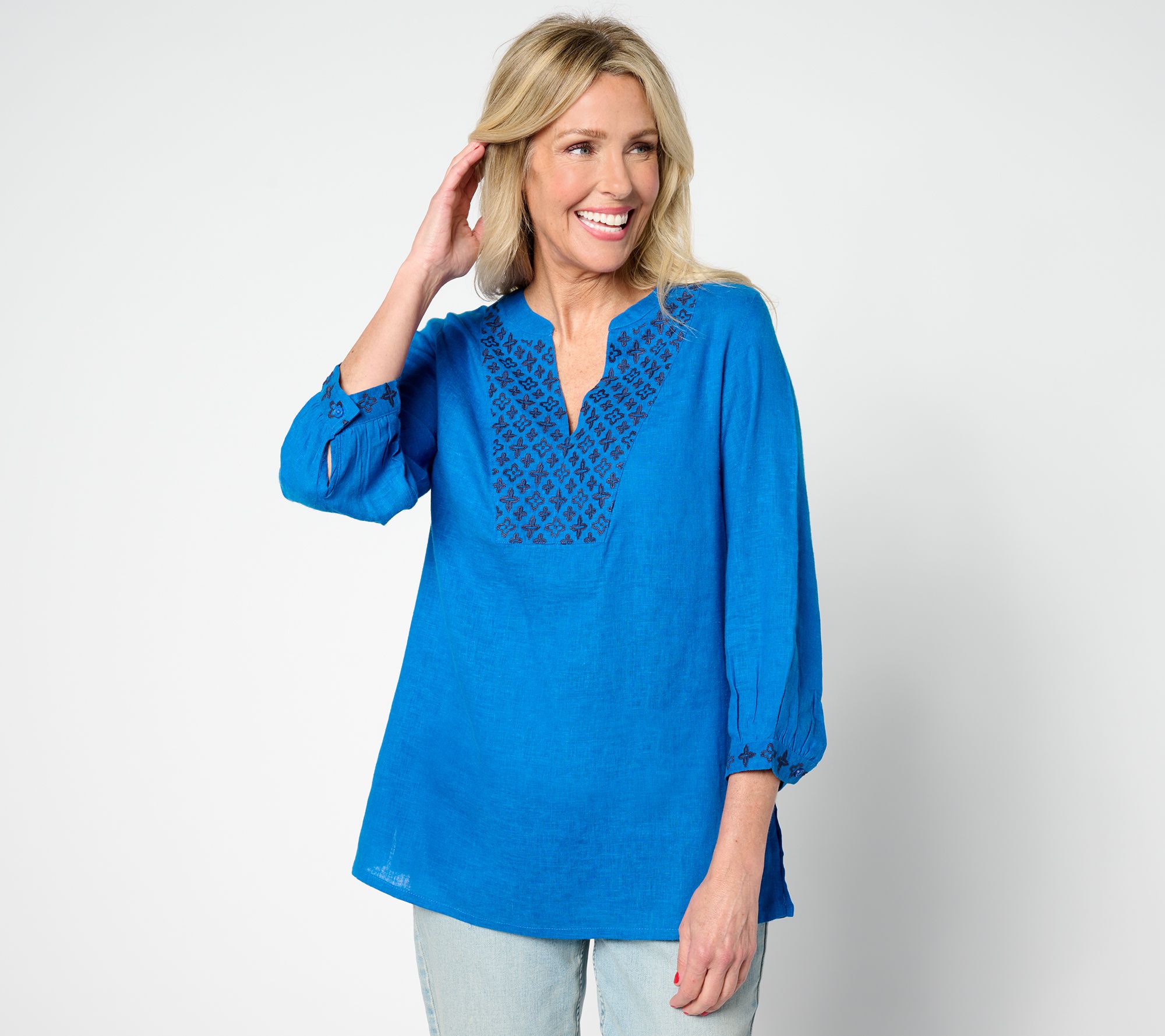 BEAUTIFUL by Lawrence Zarian Embroidered Linen Blend Top - QVC.com