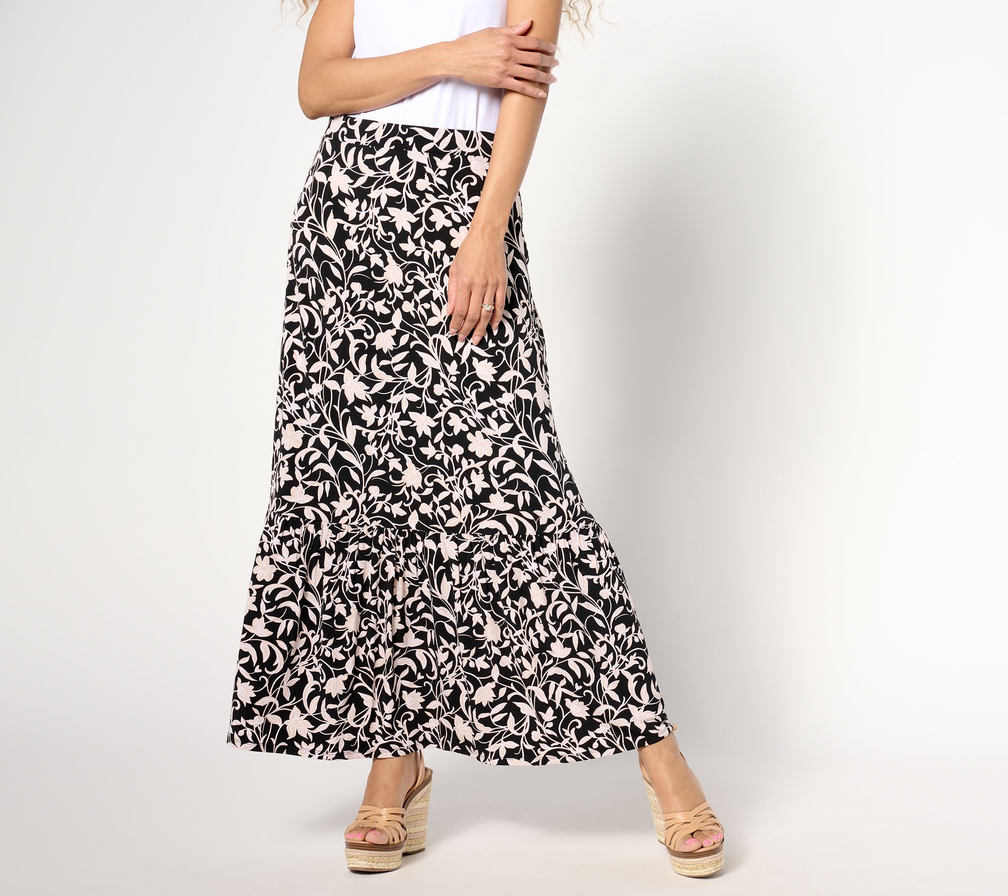 Susan Graver Petite Printed Liquid Knit Tiered Maxi Skirt