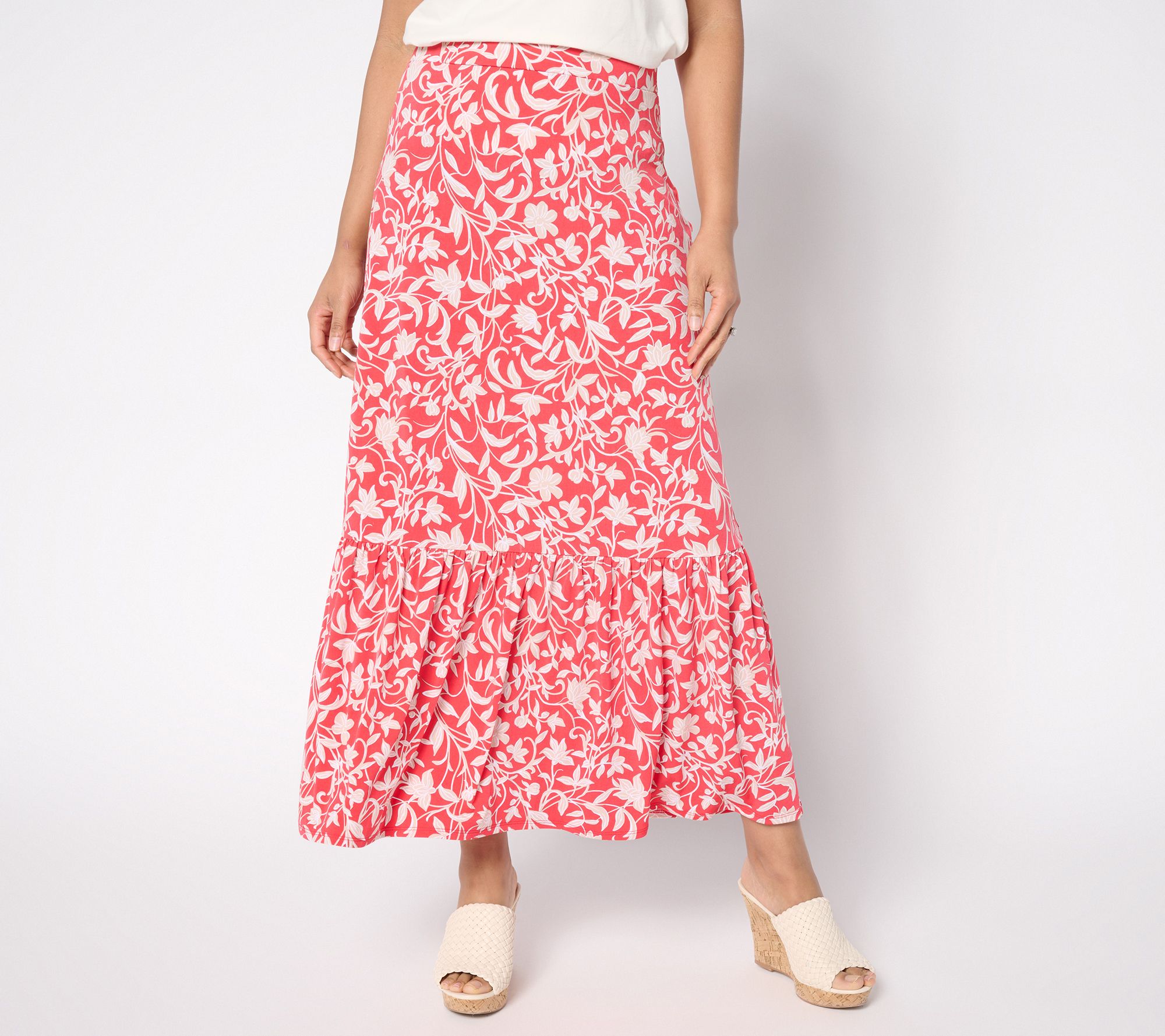 Susan Graver Petite Printed Liquid Knit Tiered Maxi Skirt