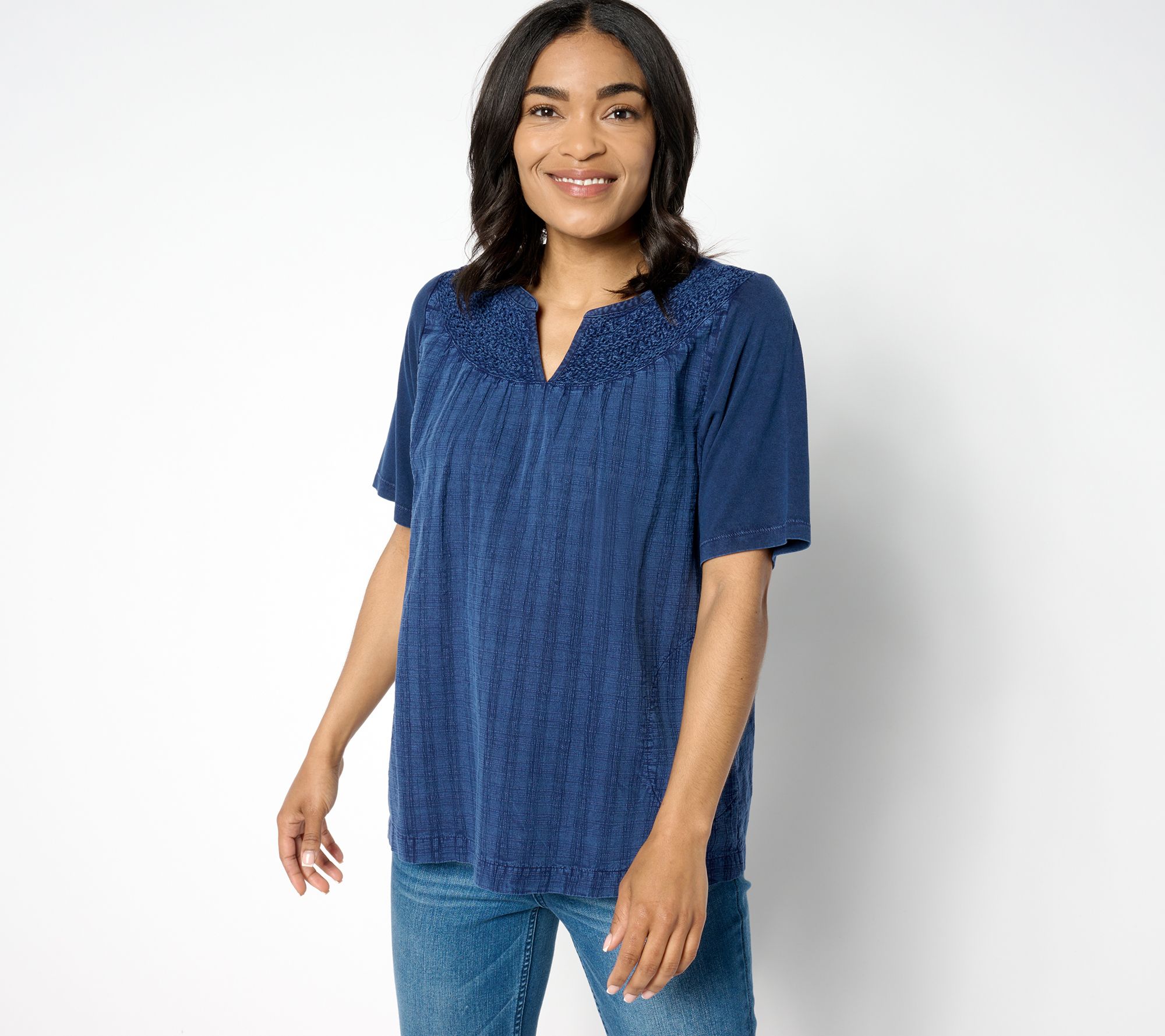 LOGO by Lori Goldstein Mixed Media Split Neck Top