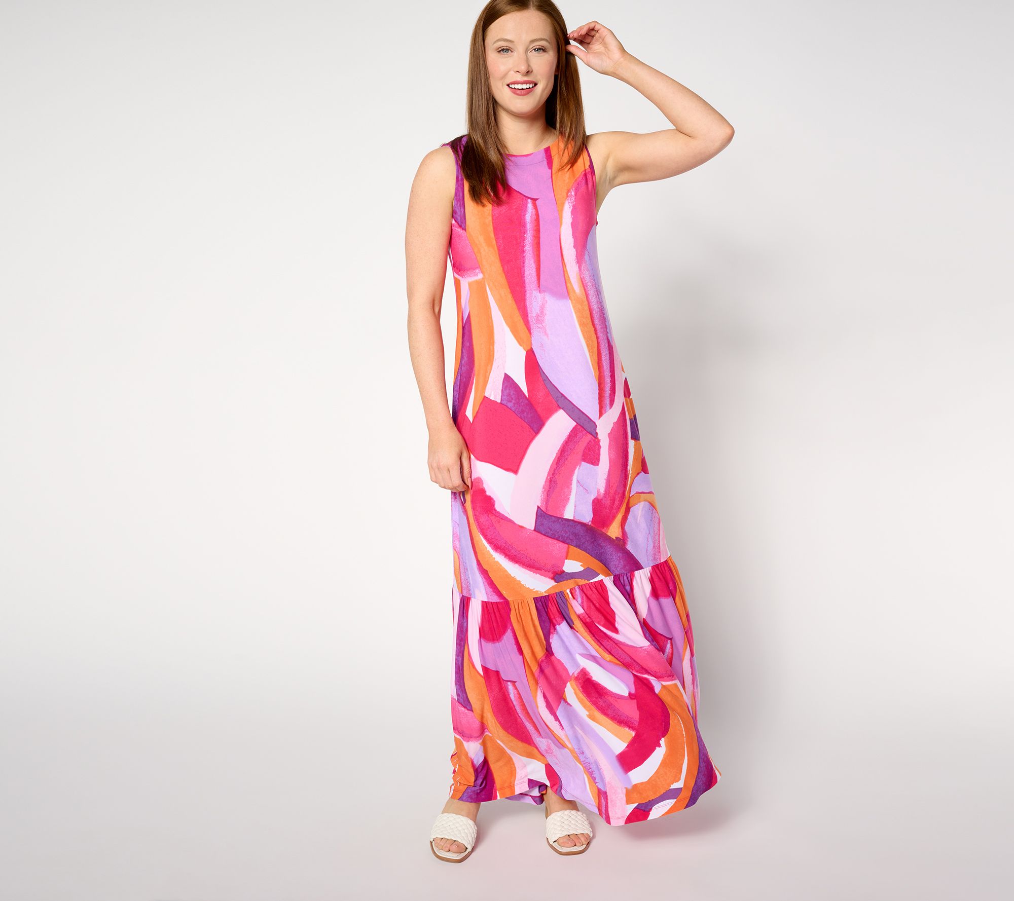 Susan Graver Regular Printed Liquid Knit A-Line Back Tie Maxi Dress