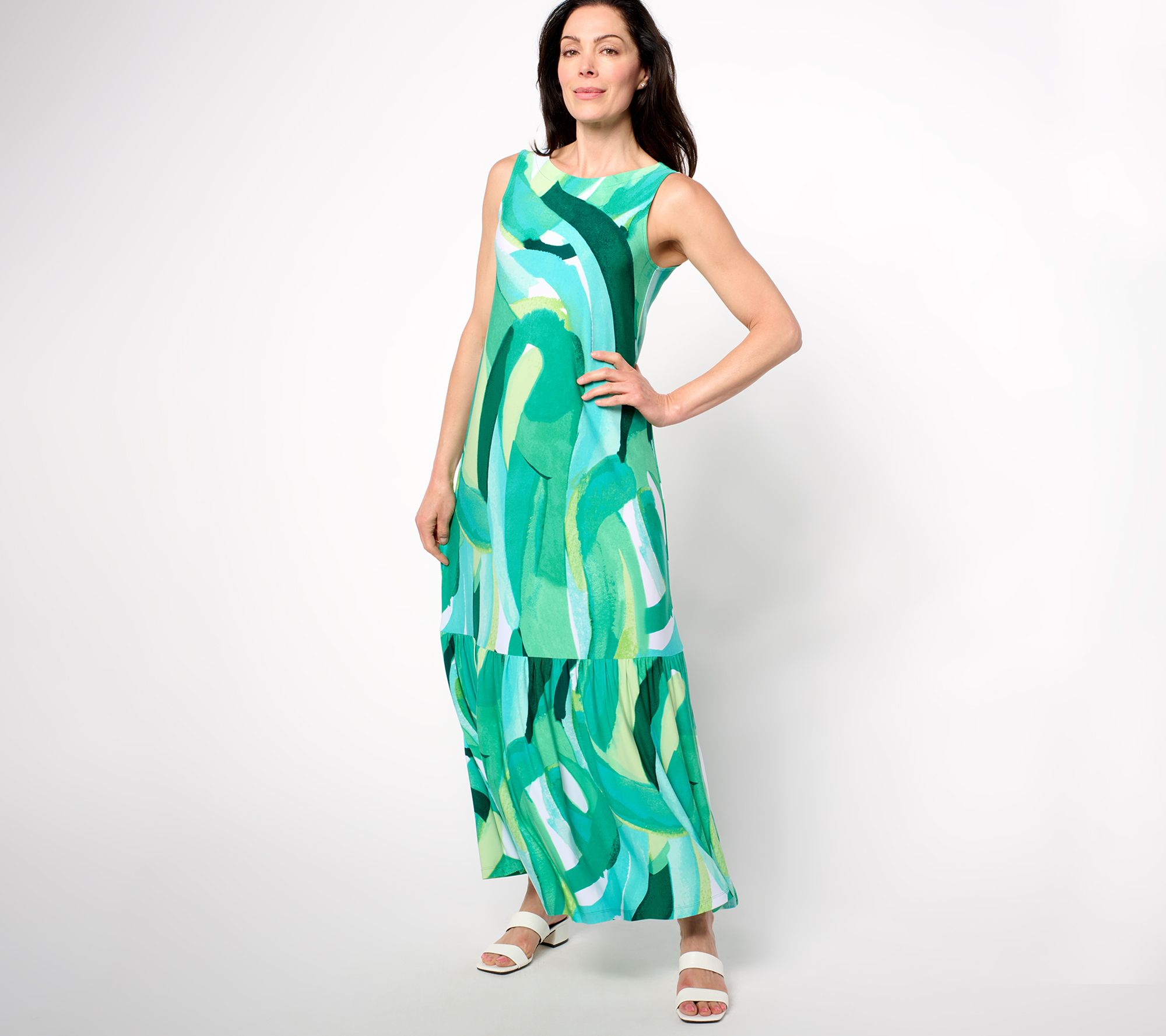 Susan Graver Regular Printed Liquid Knit A-Line Back Tie Maxi Dress