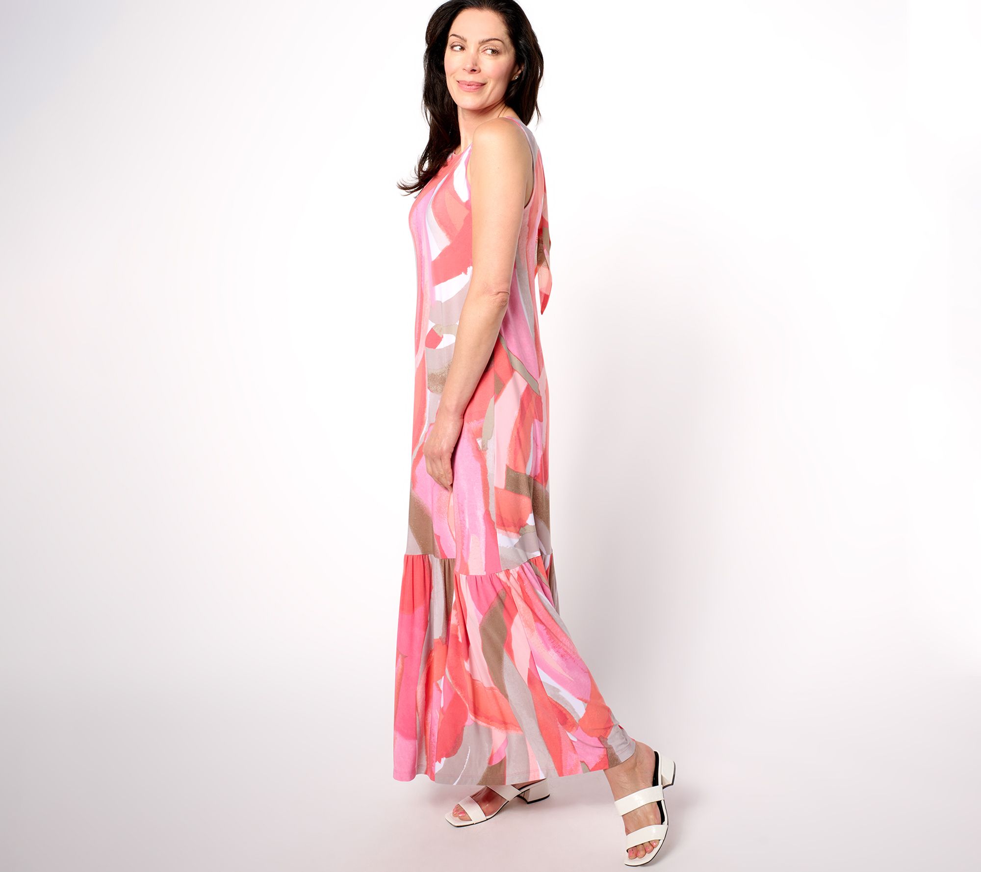 Susan Graver Regular Printed Liquid Knit A-Line Back Tie Maxi Dress