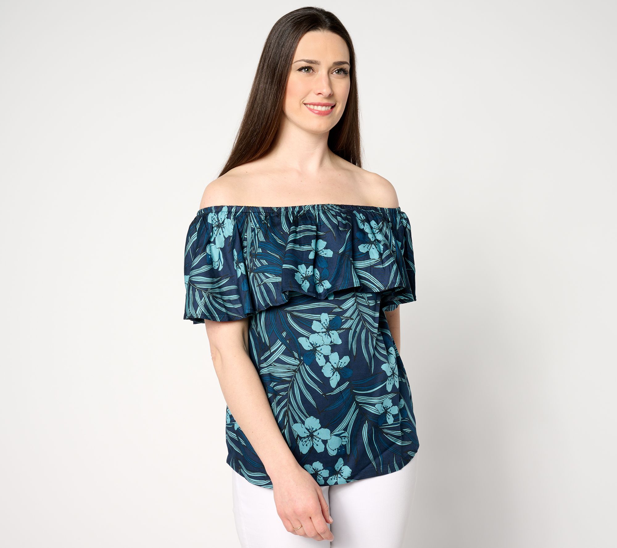 AnyBody Printed Off The Shoulder Ruffle Woven Top