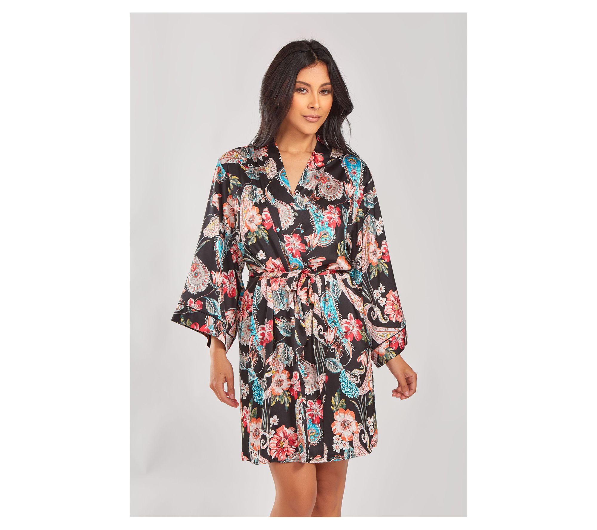iCollection Printed Satin Robe with Piping Details