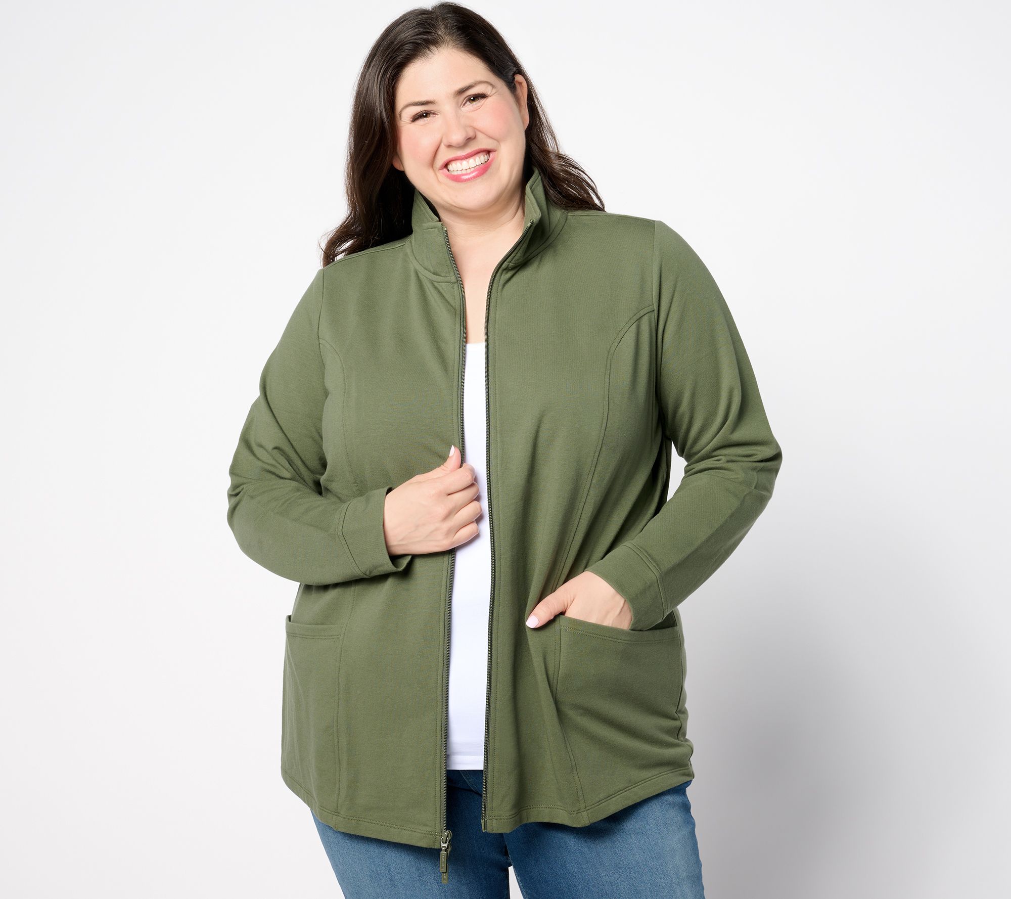 Denim & Co. Active Petite French Terry Zip-Front Tunic