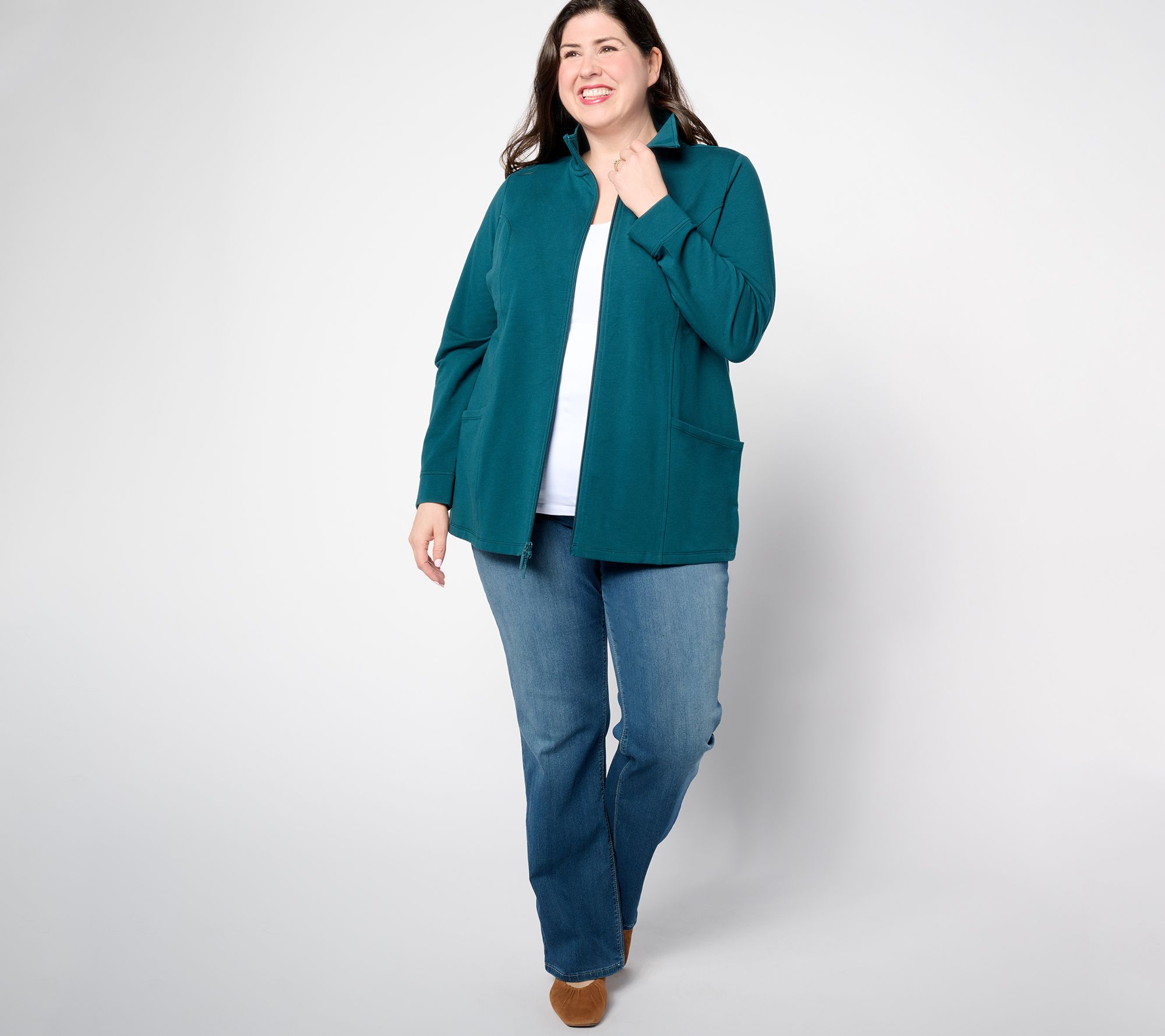 売れ筋商品|||ドード アンドコー カットソー トップス レディース Bodie Shirt Jacket - Women's Winterberry Denim & Co. Active Petite French Terry Zip-Front Tunic