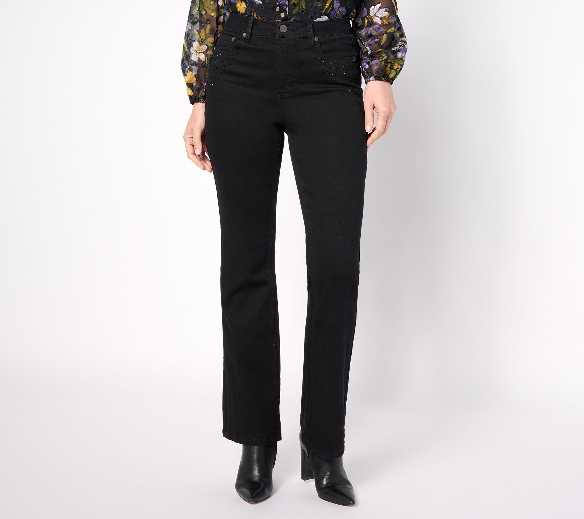 "As Is" Susan Graver Petite Embellished Pocket Boot-cut Jeans