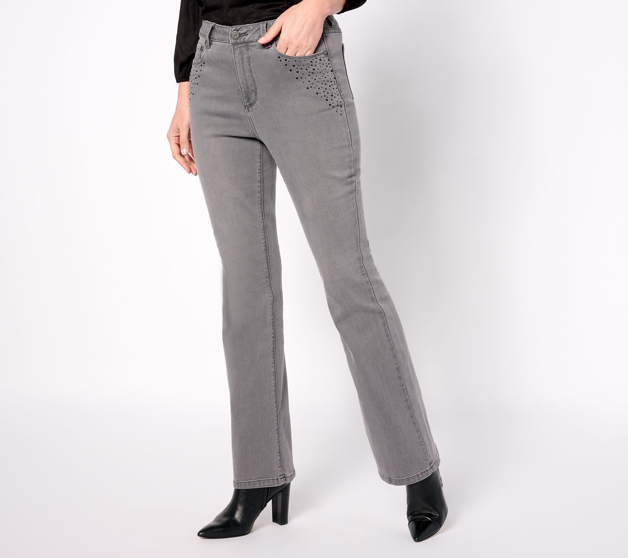 "As Is" Susan Graver Petite Embellished Pocket Boot-cut Jeans