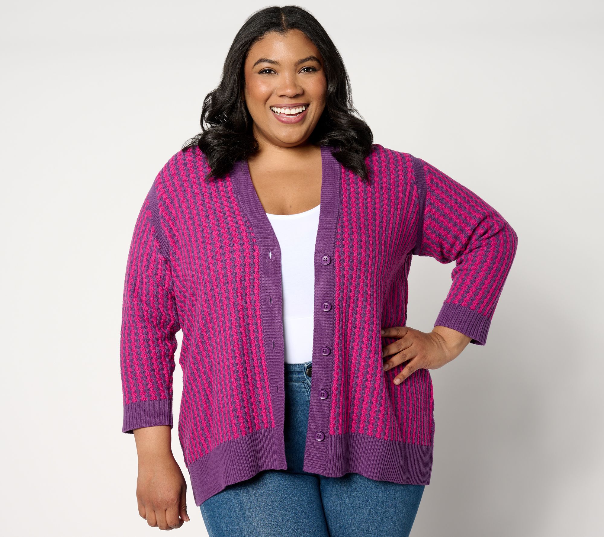 LOGO by Lori Goldstein 3/4 Sleeve Sweaterknit Cardigan