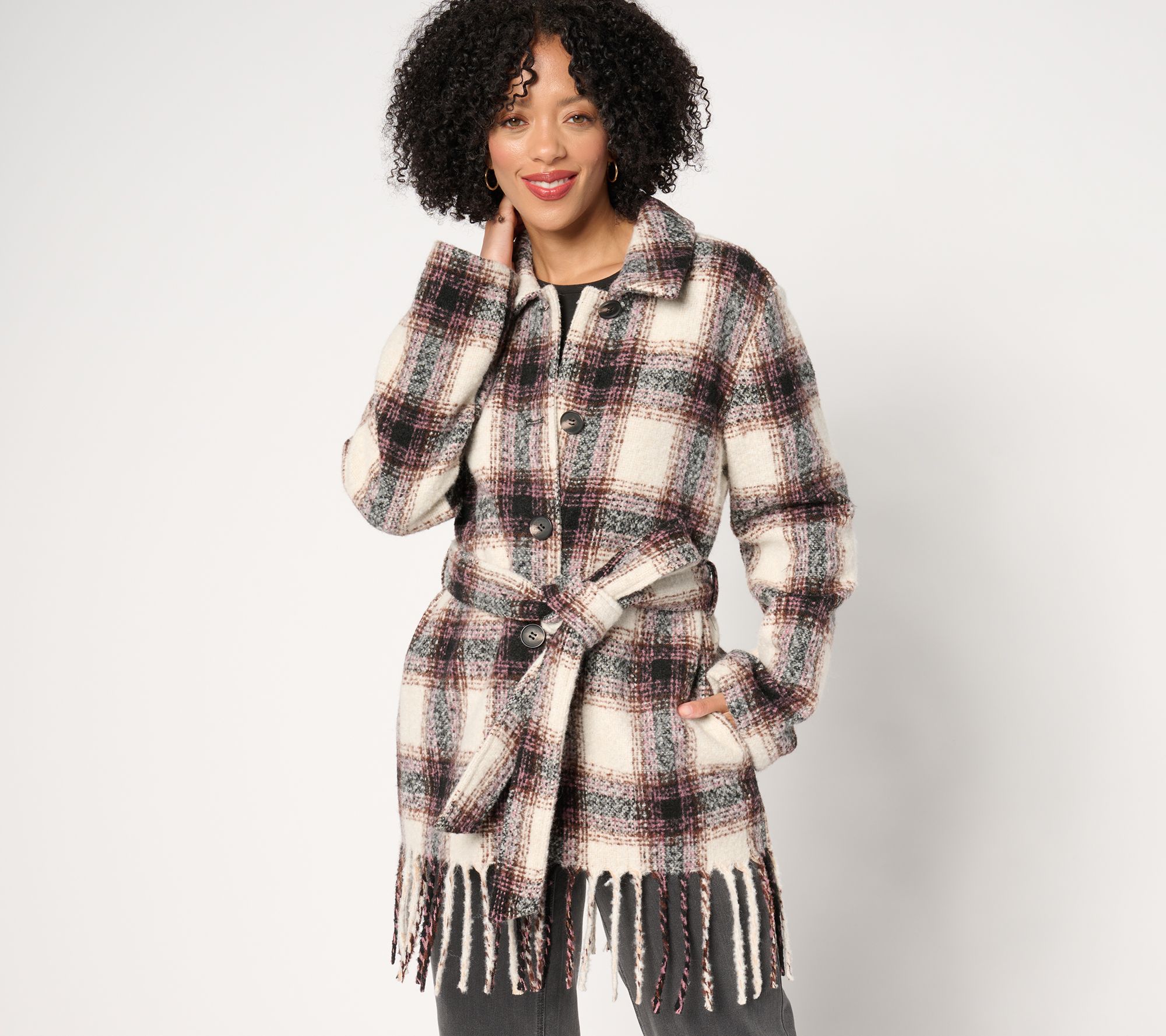  Belle by Kim Gravel Mad for Plaid Fringe Belted Boucle Shacket - A663033