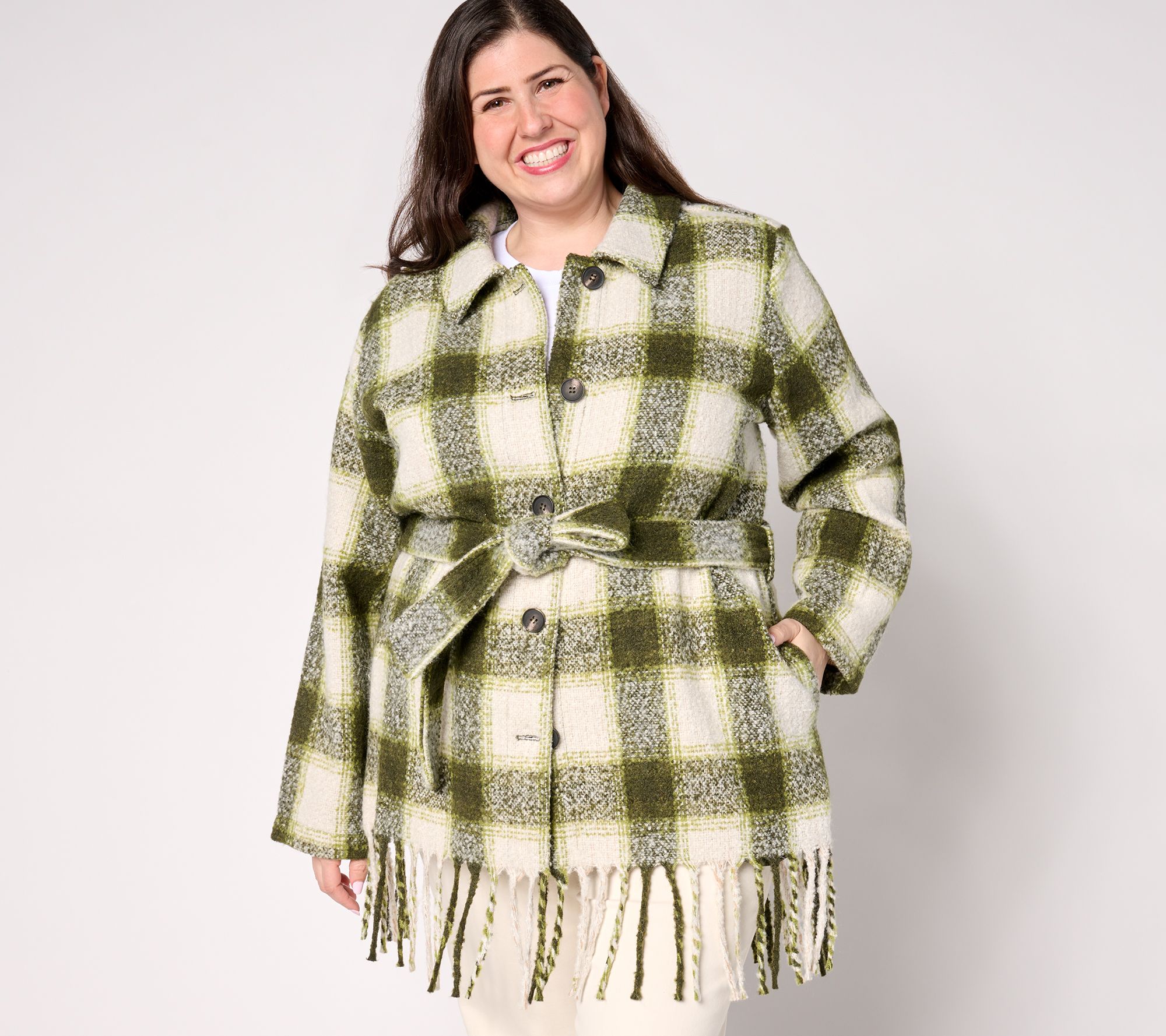 Belle by Kim Gravel Mad for Plaid Fringe Belted Boucle Shacket