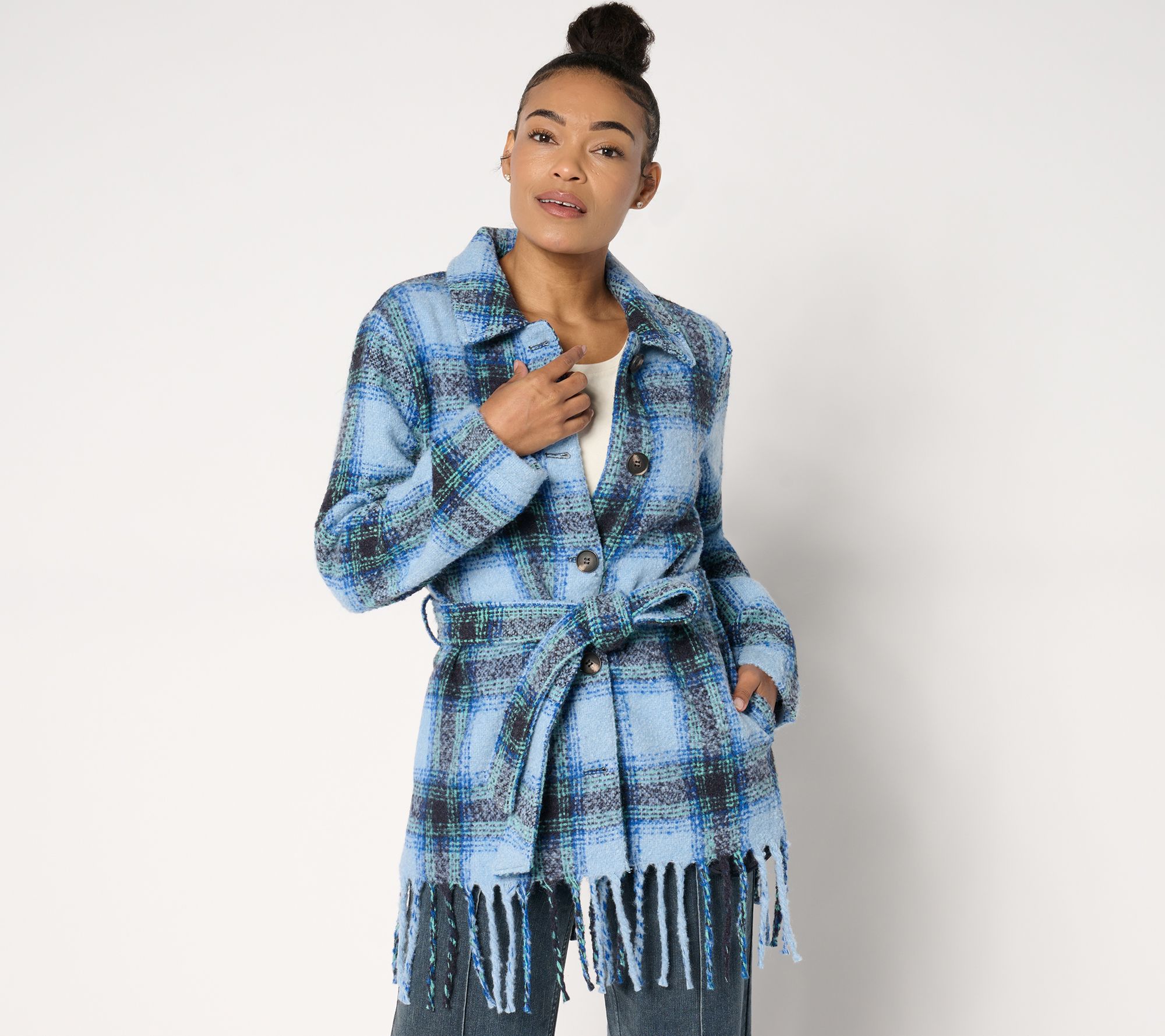 Belle by Kim Gravel Mad for Plaid Fringe Belted Boucle Shacket