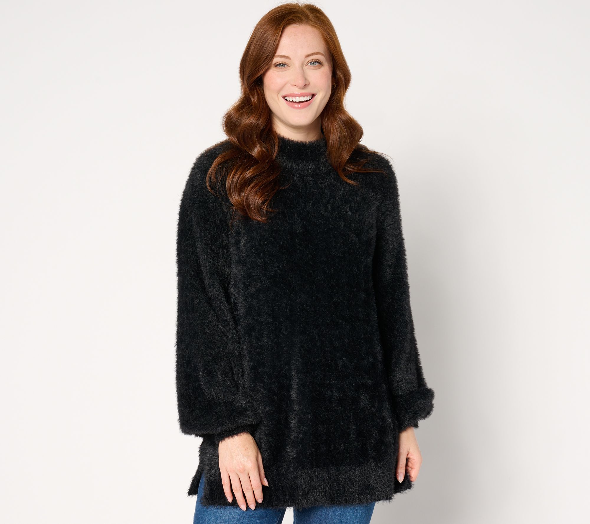 "As Is" Belle by Kim Gravel Eyelash Mock Neck Blouson Sleeve Sweater