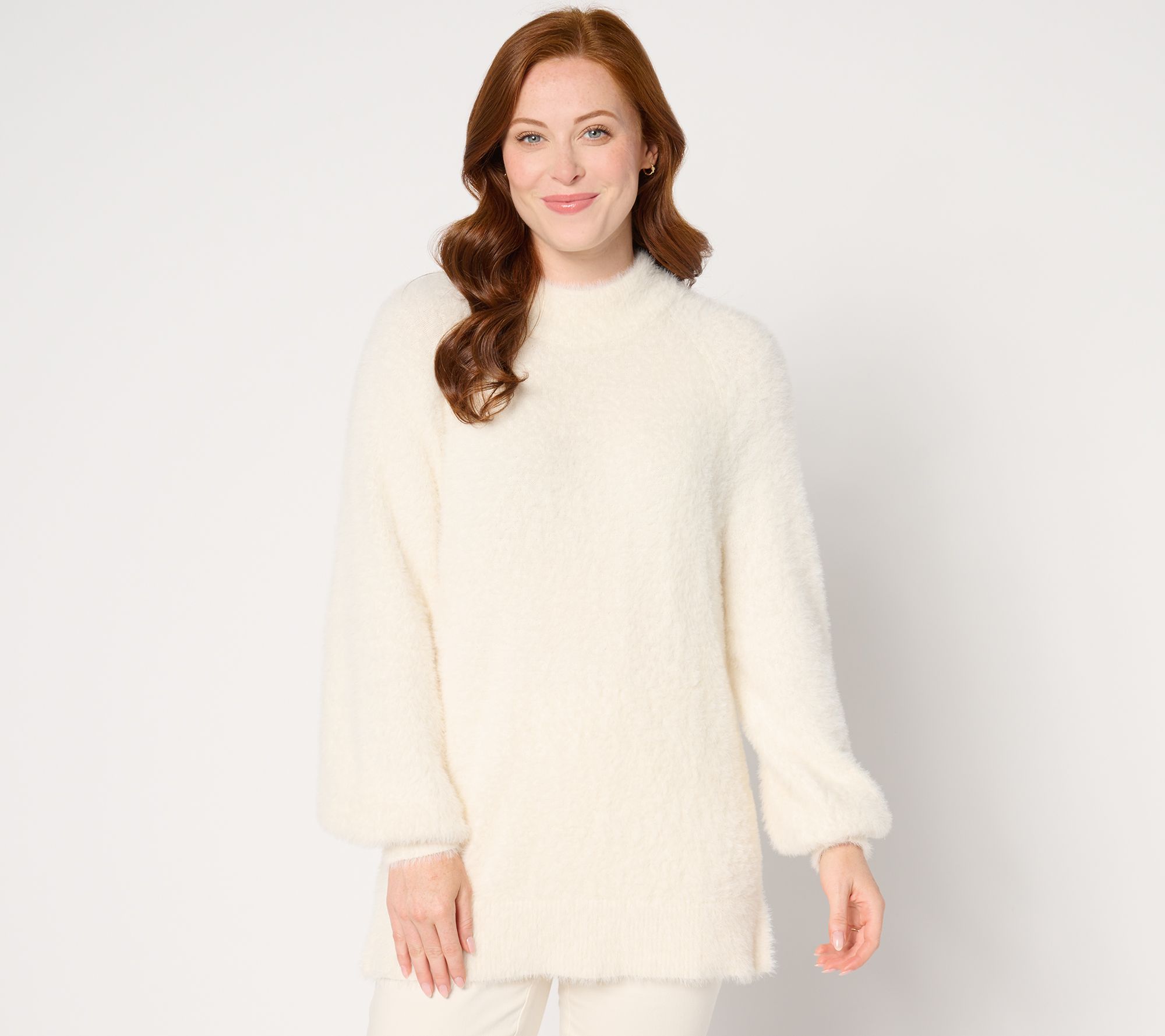 "As Is" Belle by Kim Gravel Eyelash Mock Neck Blouson Sleeve Sweater