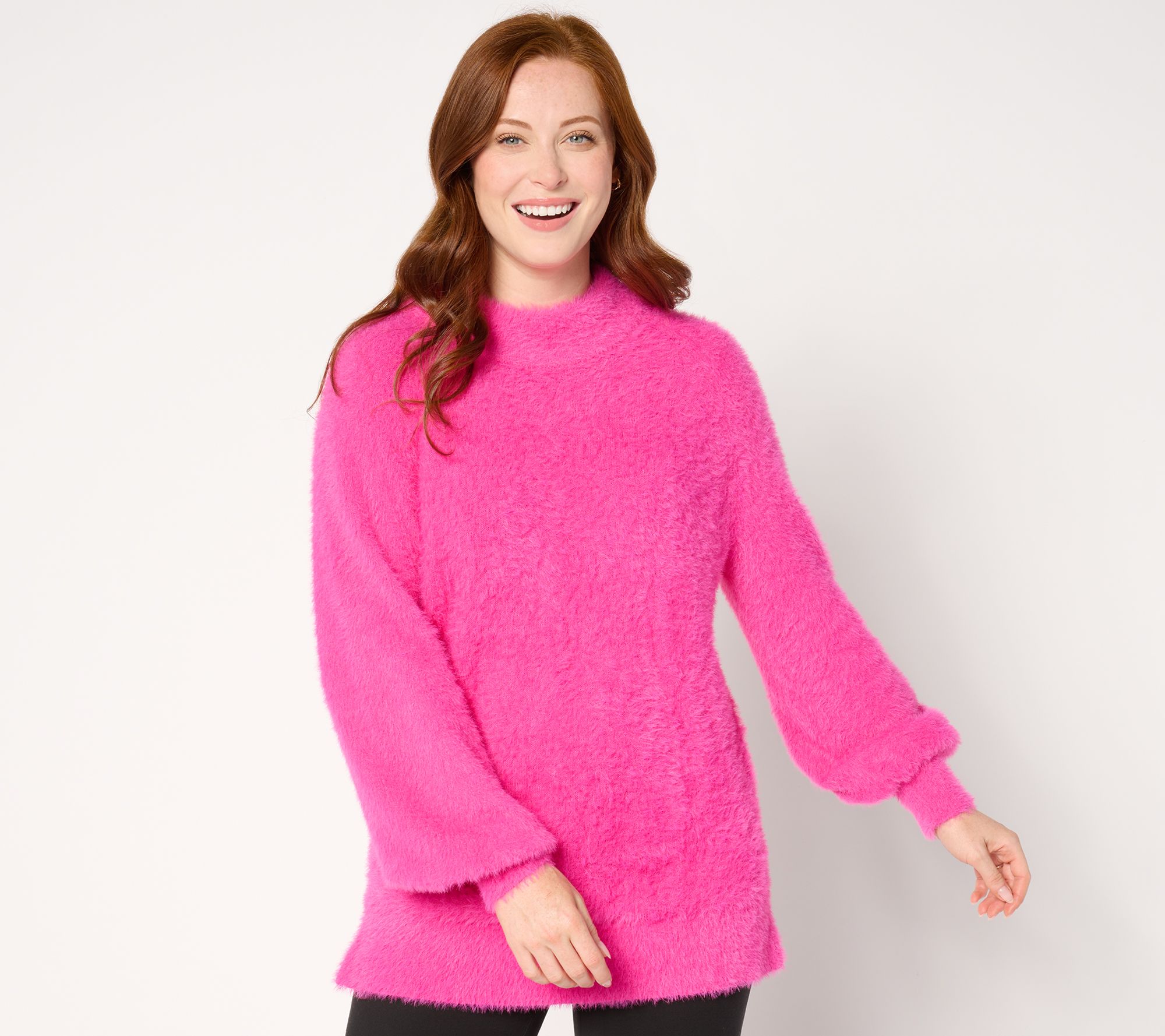 "As Is" Belle by Kim Gravel Eyelash Mock Neck Blouson Sleeve Sweater