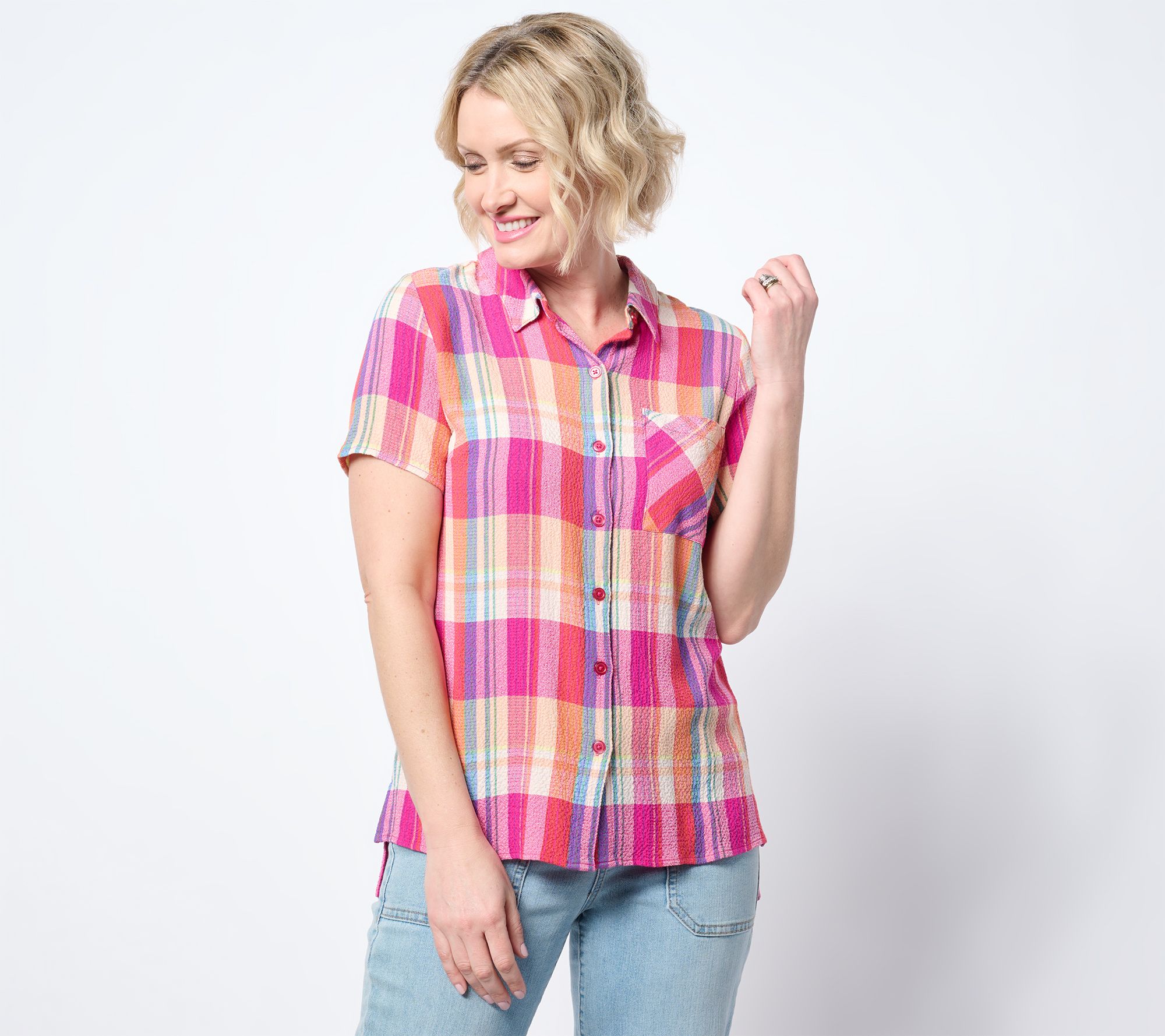 Belle by Kim Gravel Preppy Plaid Camp Shirt