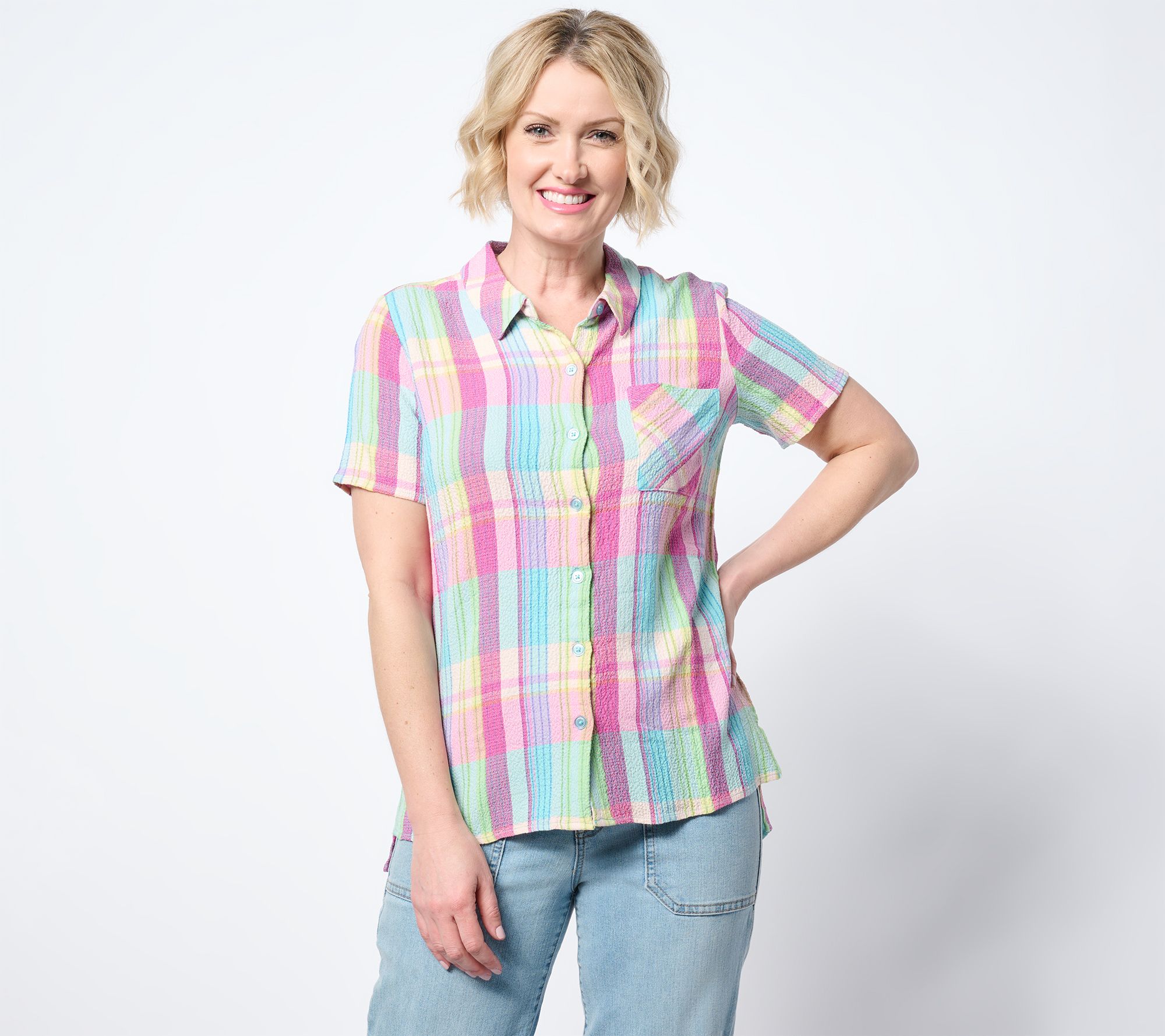 Belle by Kim Gravel Preppy Plaid Camp Shirt