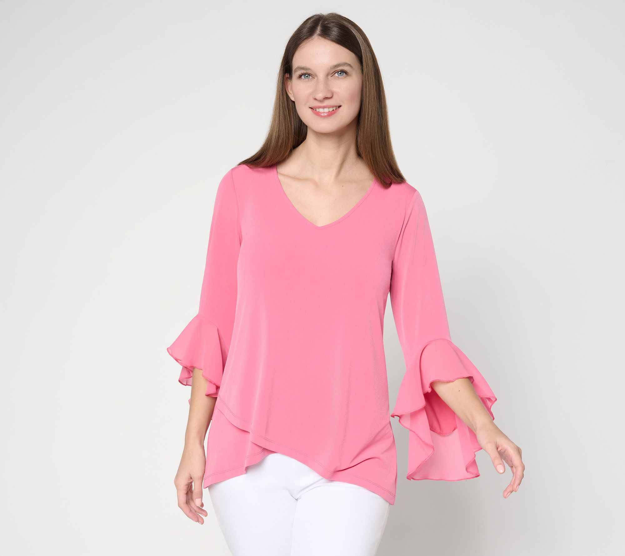 Susan Graver Regular Liquid Knit Tunic w/ Woven Ruffle Sleeves