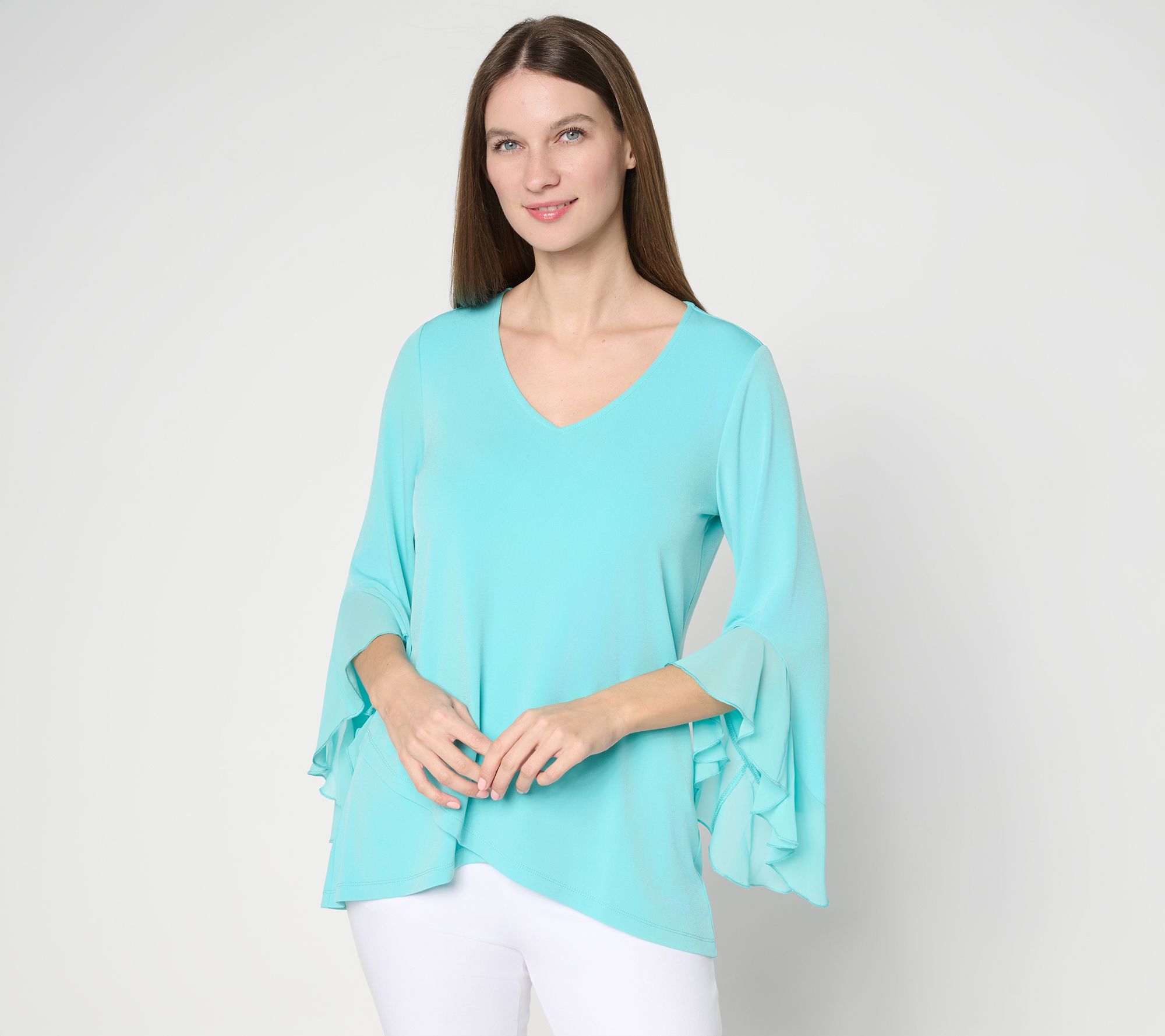 Susan Graver Regular Liquid Knit Tunic w/ Woven Ruffle Sleeves