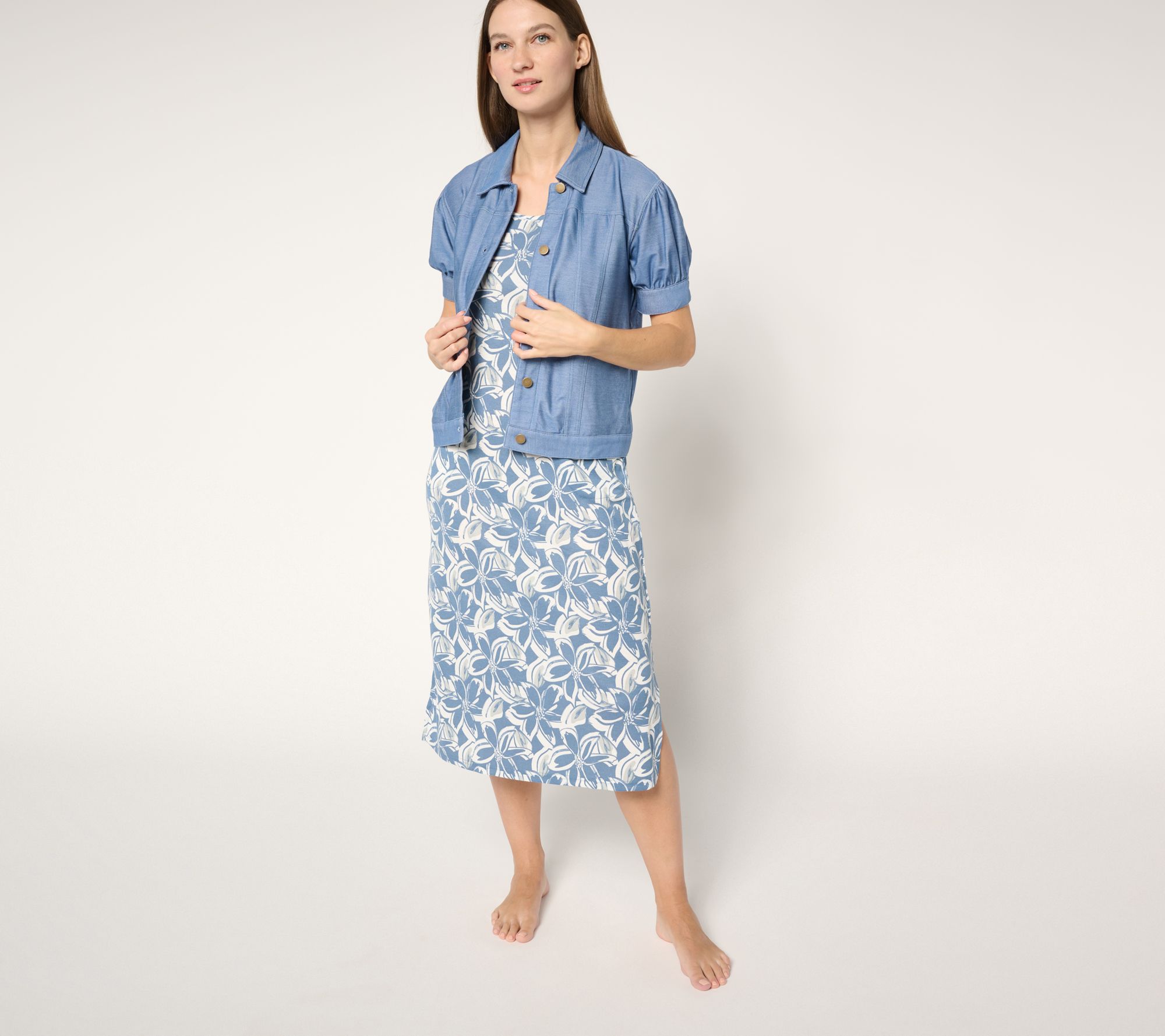 MUK LUKS Stretch Faux Denim Topper & Rib Knit Lounge Dress