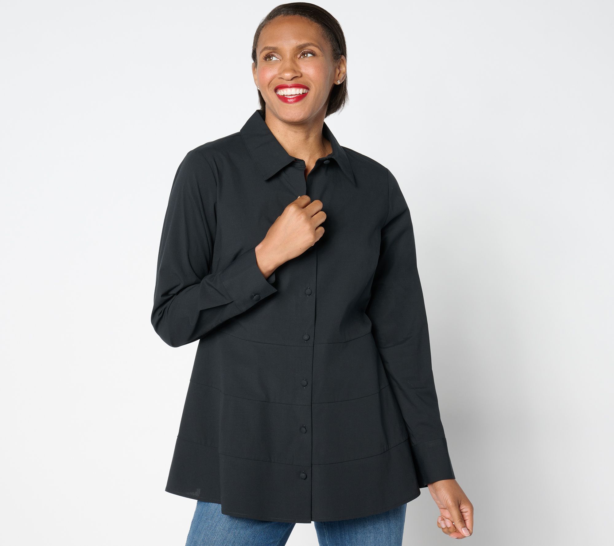 "As Is" Isaac Mizrahi Live! Petite Stretch Poplin Shirt with Peplum