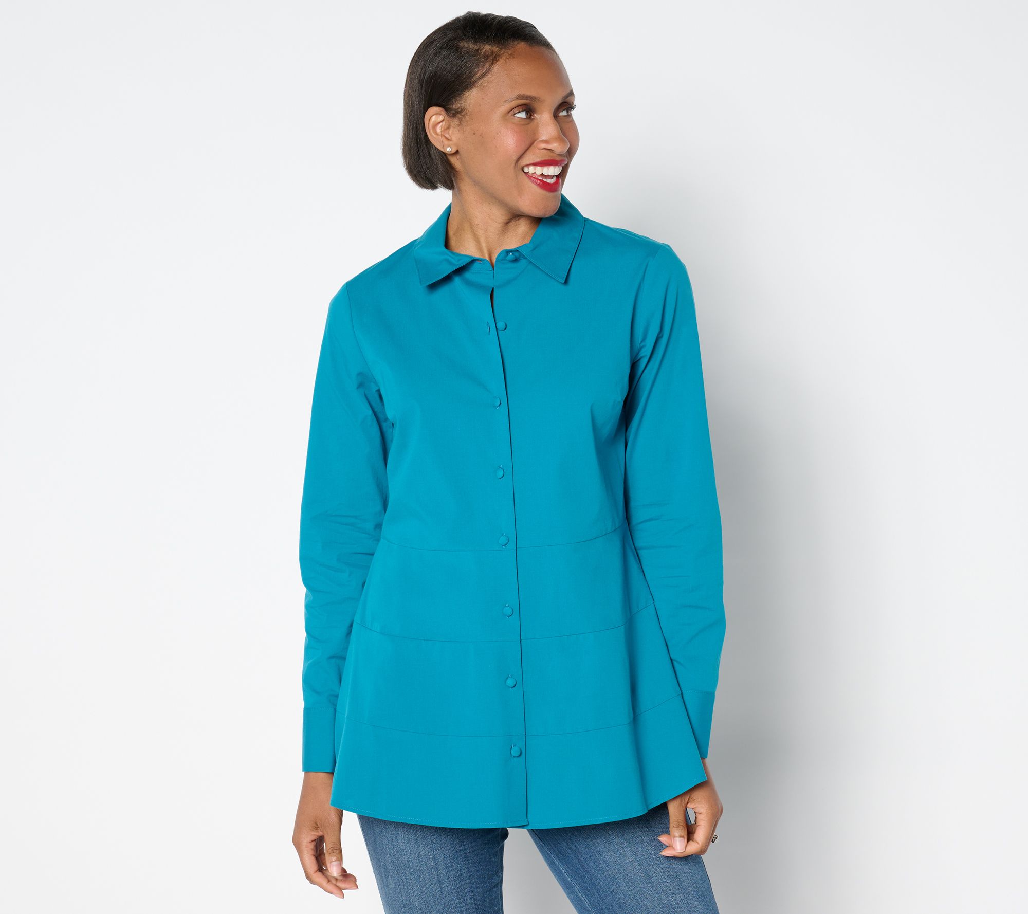 "As Is" Isaac Mizrahi Live! Petite Stretch Poplin Shirt with Peplum