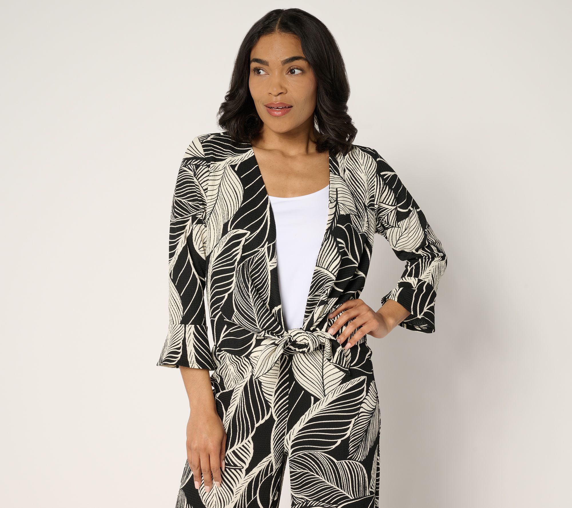 Susan Graver Printed Textured Knit Flounce-Sleeve Tie Front Shrug