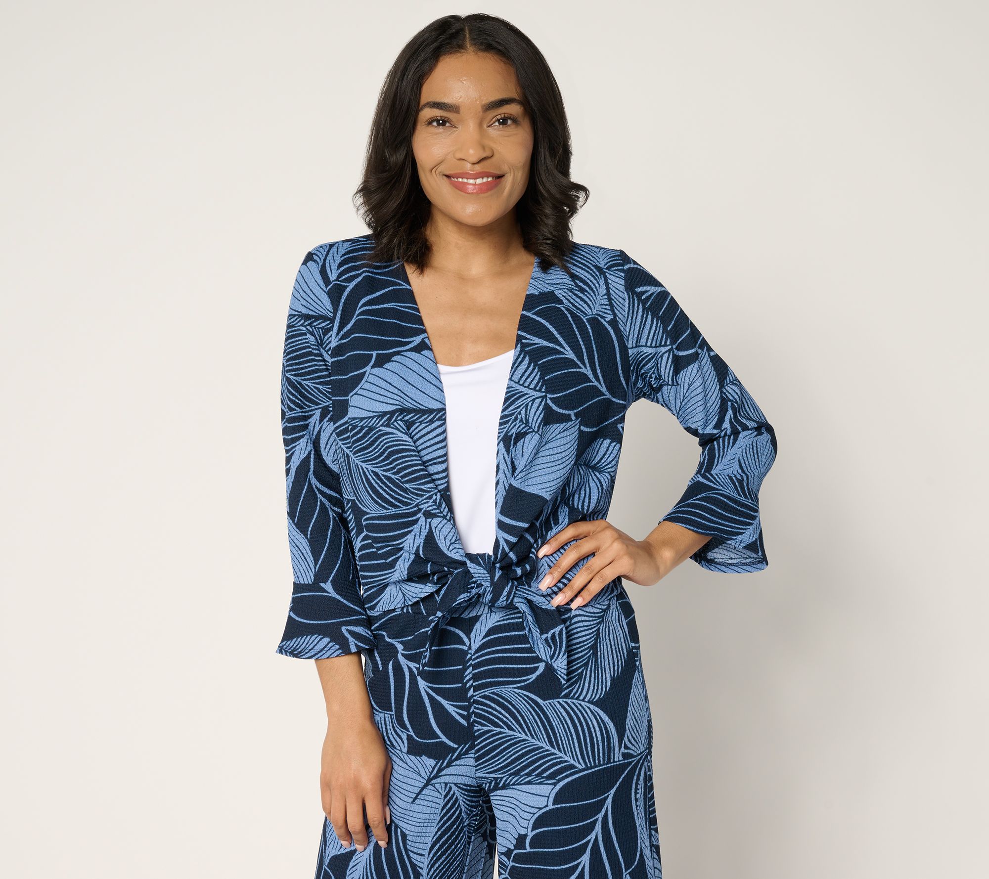 Susan Graver Printed Textured Knit Flounce-Sleeve Tie Front Shrug