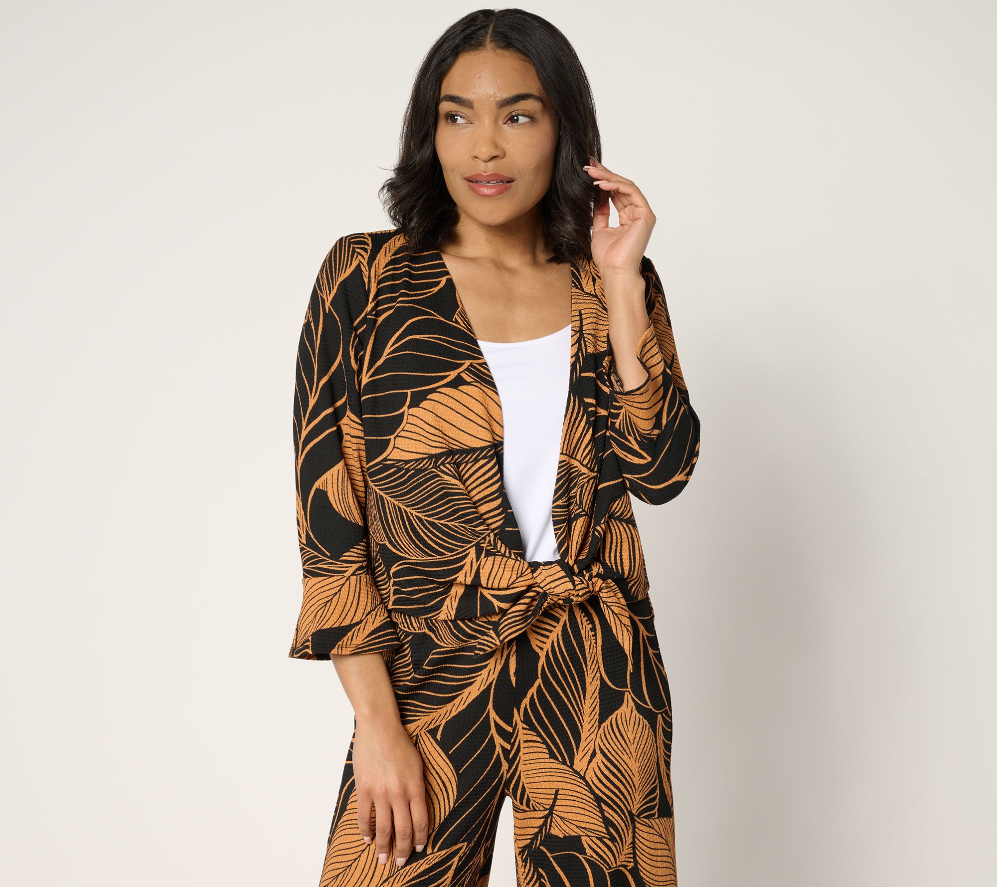 Susan Graver Printed Textured Knit Flounce-Sleeve Tie Front Shrug